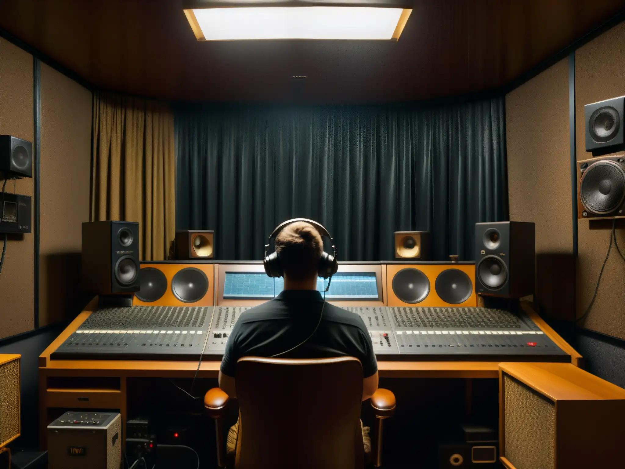 Un estudio de grabación tenue con micrófonos vintage, cables enredados y paneles insonorizantes en las paredes