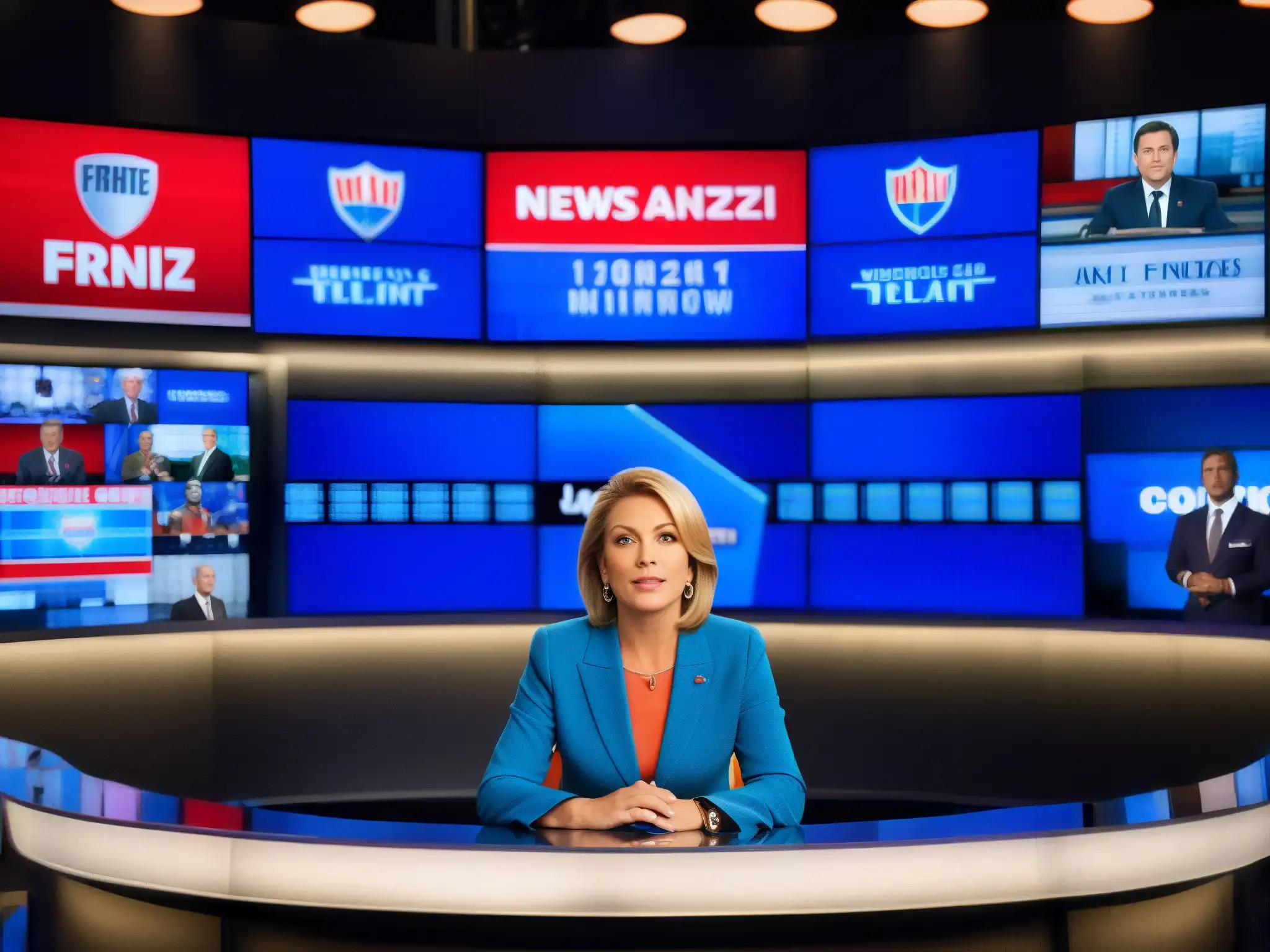 Un estudio de televisión con un presentador de noticias serio informando sobre una noticia de última hora