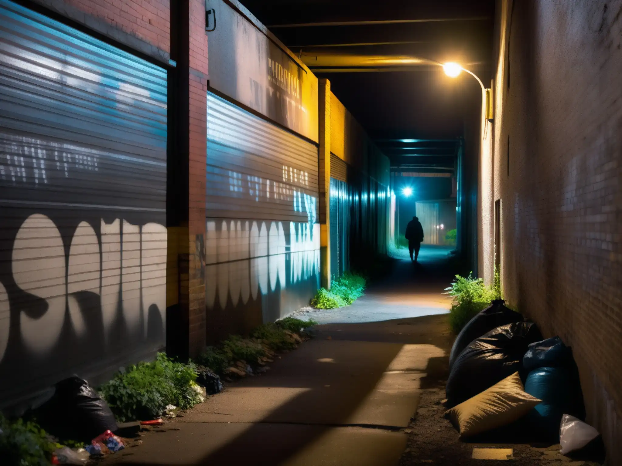 Estudio psicológico criaturas leyendas urbanas: Un callejón sombrío con grafitis, basura y una figura misteriosa en la penumbra