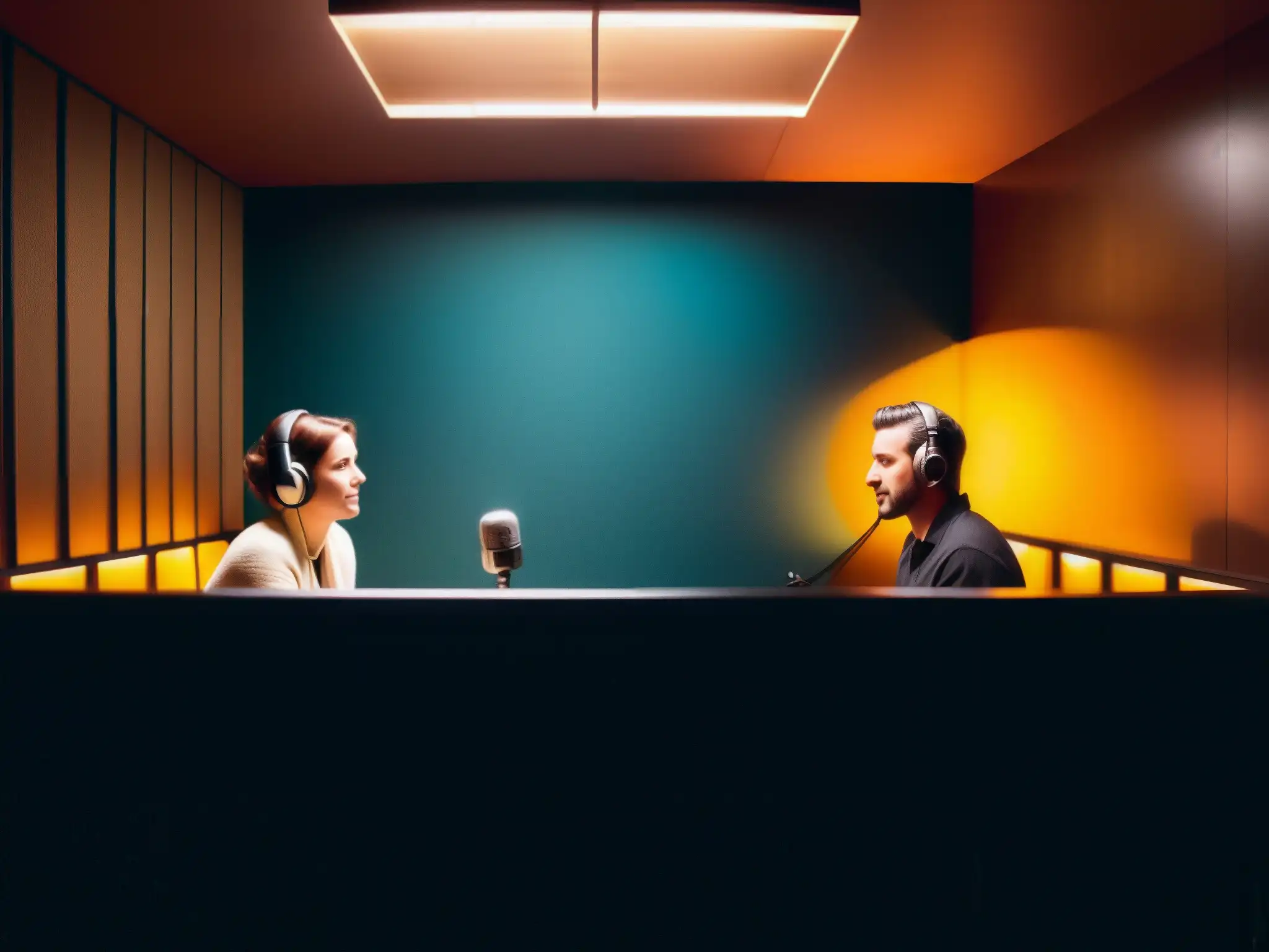 En un estudio de grabación sombrío, dos personas conversan
