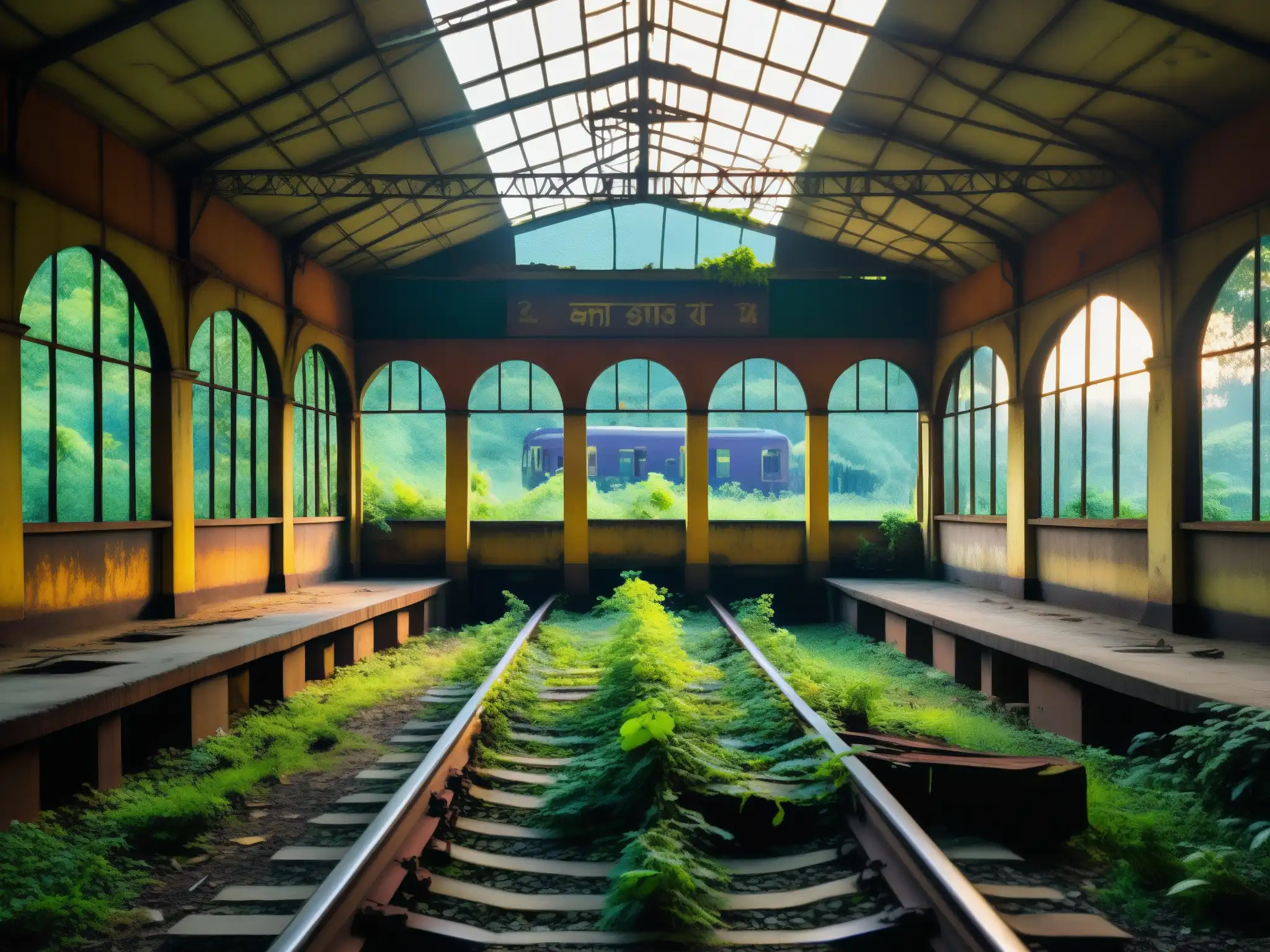 Un evocador tren fantasma de Bengal: estación abandonada, naturaleza invadiendo, vías oxidadas, atmósfera misteriosa