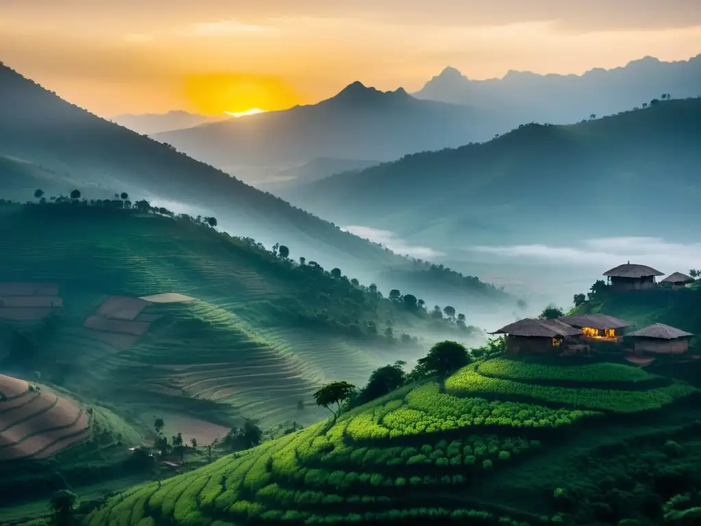 Una fotografía evocadora de las colinas envueltas en niebla de Ruanda con un pueblo tradicional en el valle