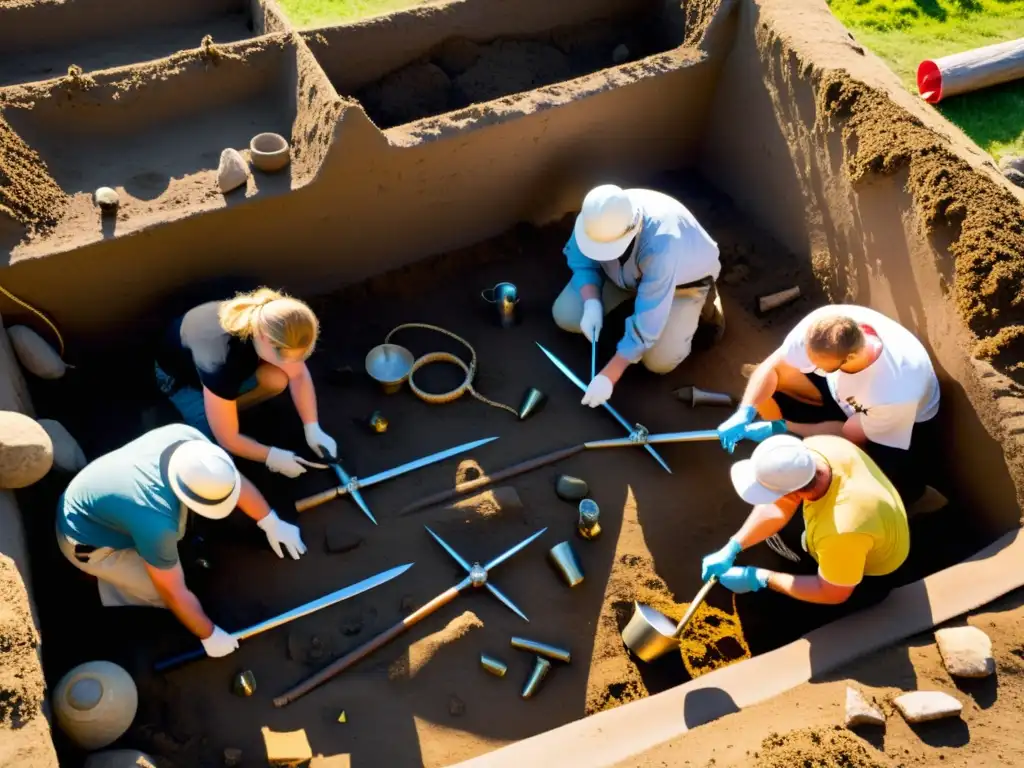 Excavación de tumba vikinga revela descubrimientos recientes de mitos vikingos en la suave luz dorada, creando un aura de misterio y asombro