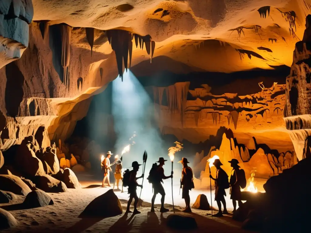 Exploración de la Cueva de la Pileta leyendas Andalucía: prehistóricos exploradores iluminan pinturas rupestres en la misteriosa cueva