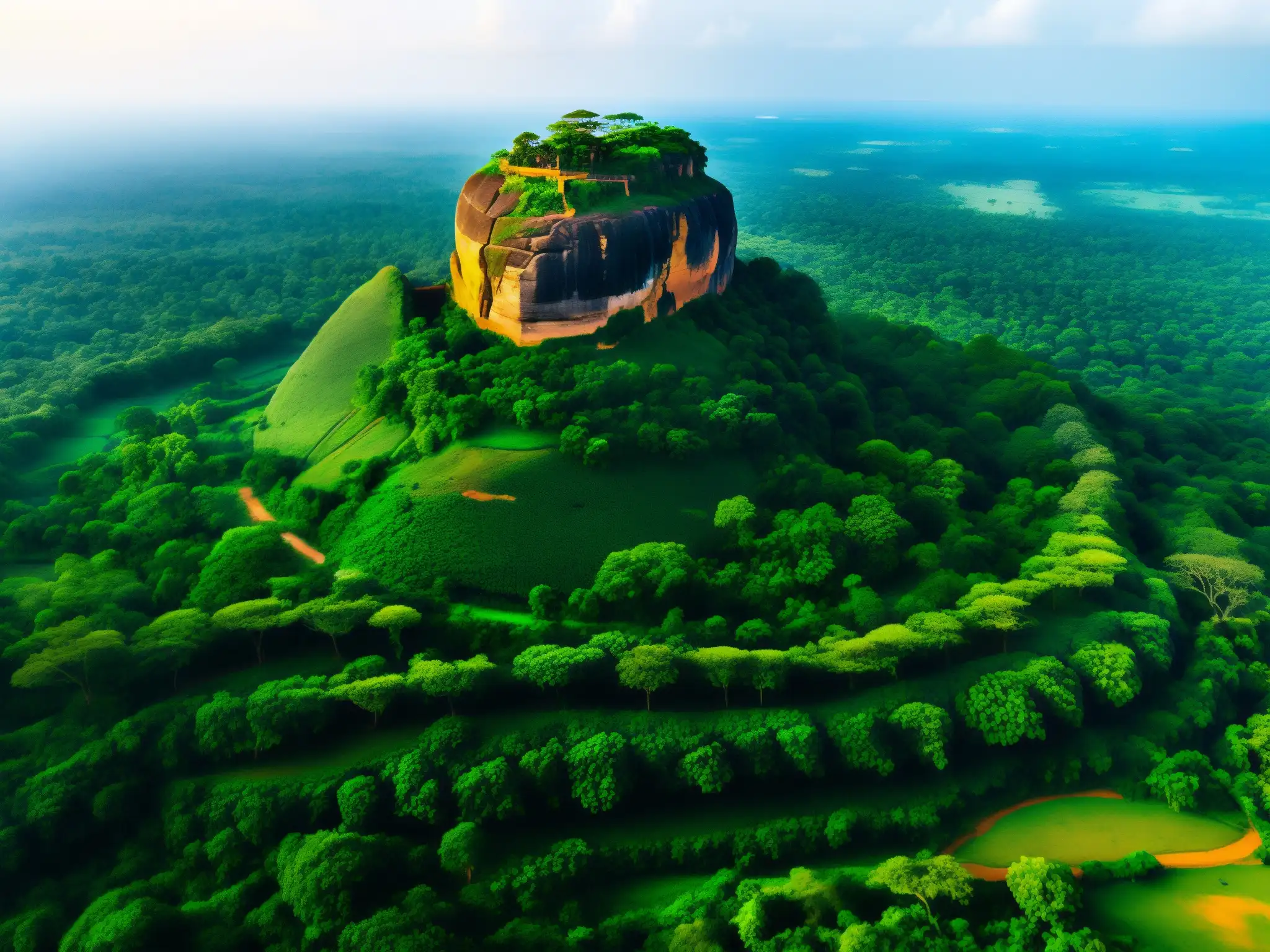 Exploración de la leyenda Sigiriya Sri Lanka: Vista aérea del impresionante y místico fuerte rocoso con exuberante vegetación
