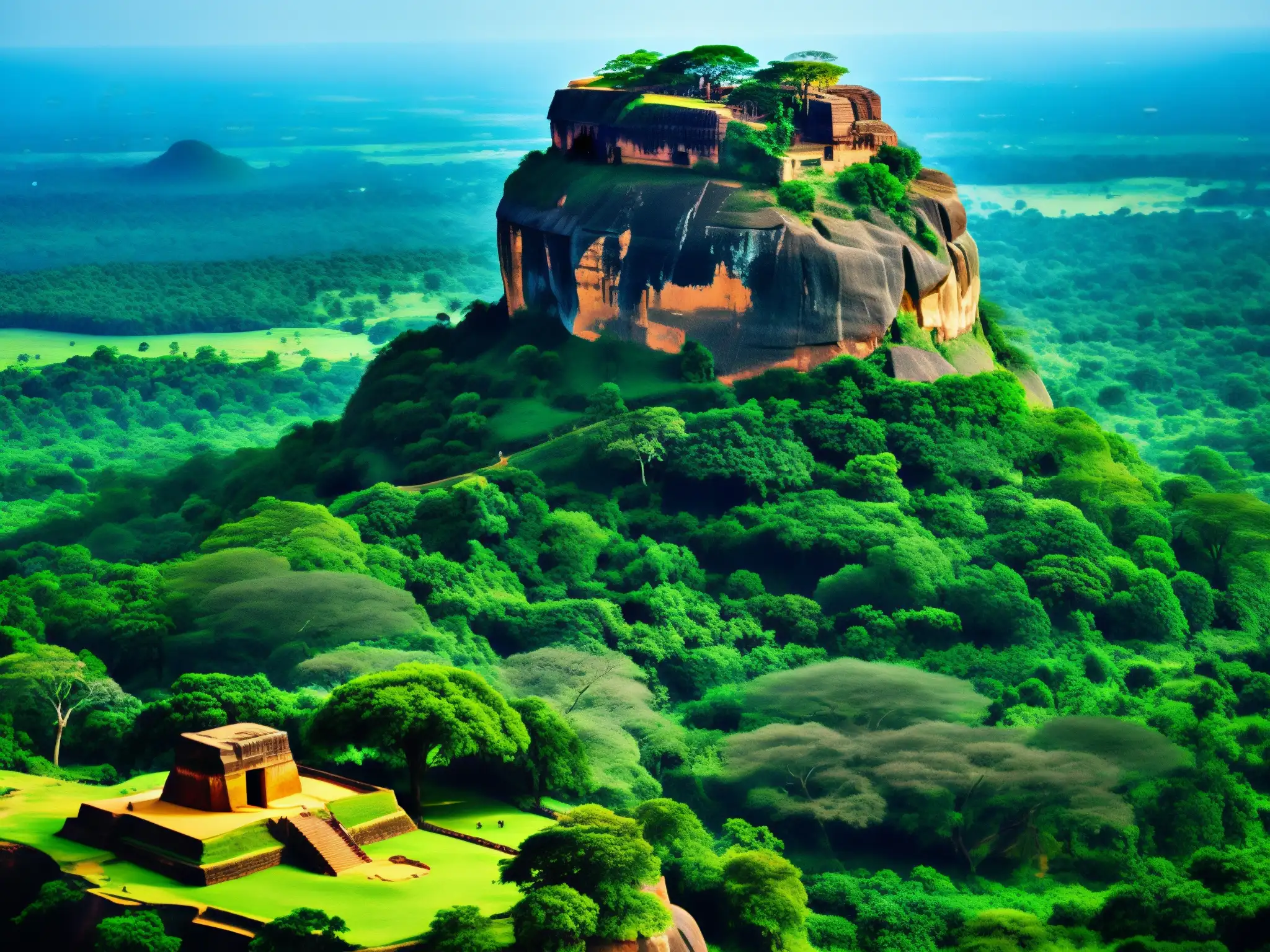 Exploración de la leyenda Sigiriya Sri Lanka: Majestuosa fortaleza rocosa rodeada de exuberante vegetación, frescos e ruinas antiguas, con visitantes y cielo azul