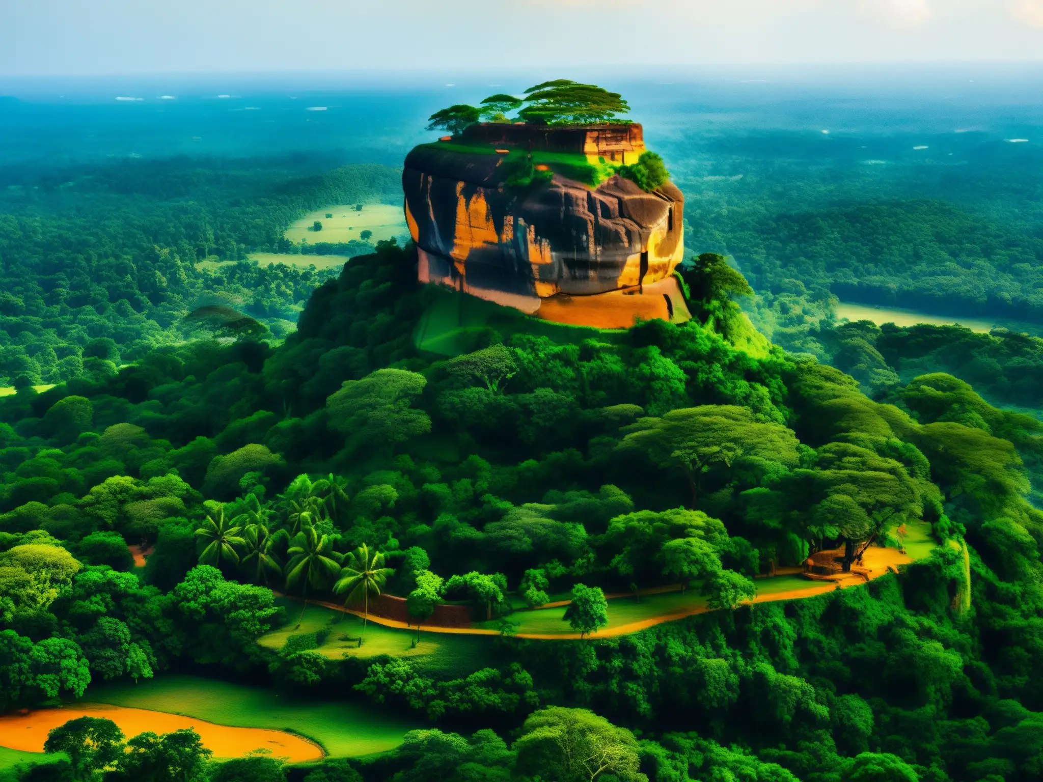 Exploración de la leyenda Sigiriya Sri Lanka: Vista aérea impresionante de la antigua fortaleza de roca, majestuosa entre la exuberante vegetación, iluminada por la cálida luz dorada de la tarde