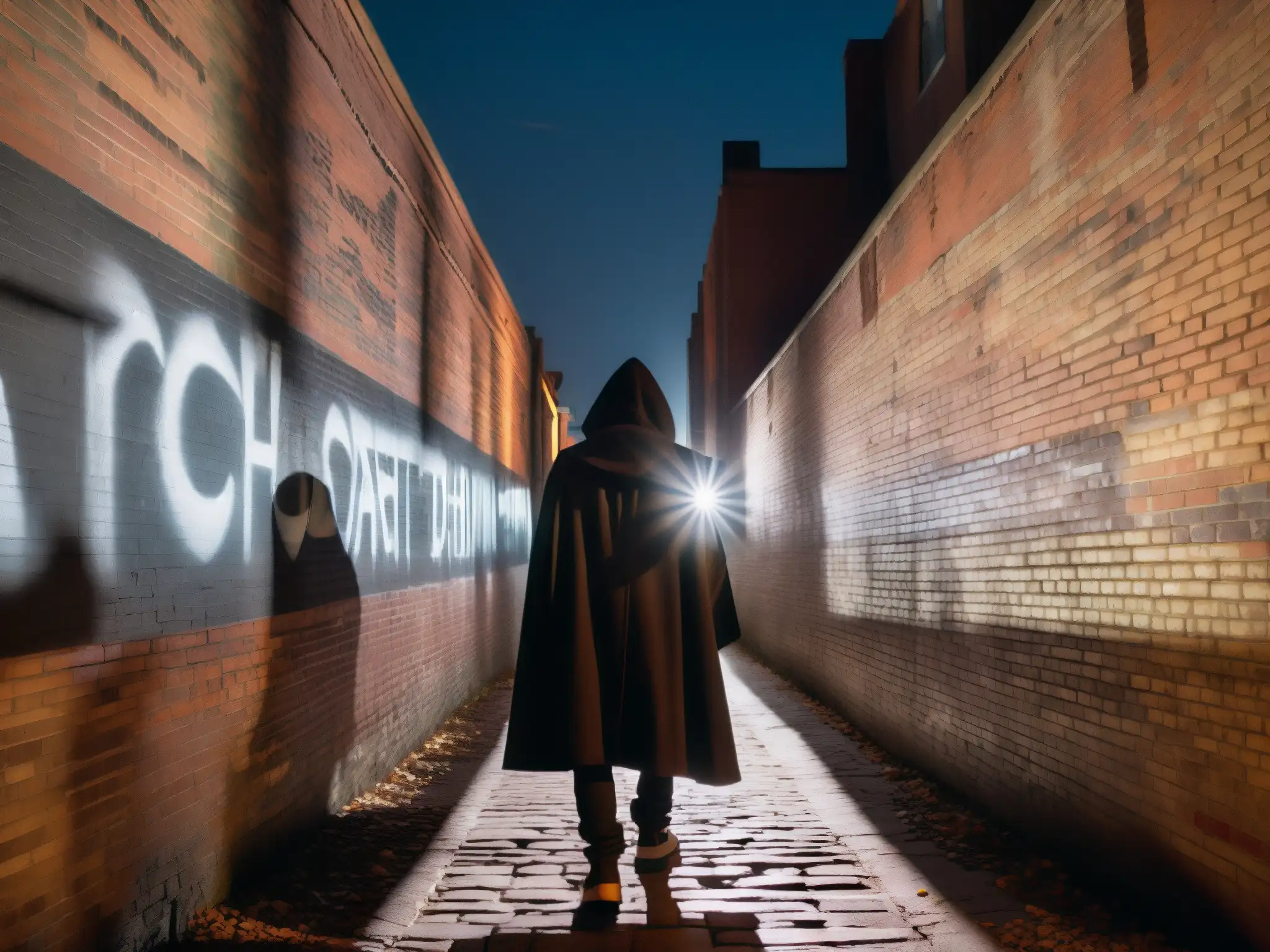 Exploración de mitos y leyendas urbanas en un callejón oscuro con grafitis y una figura en la sombra tocando un símbolo misterioso