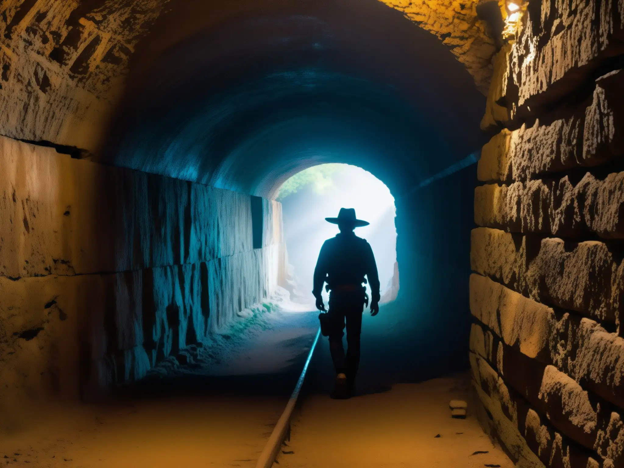 Exploración en el túnel subterráneo de México con sombras misteriosas y tenues destellos de luz