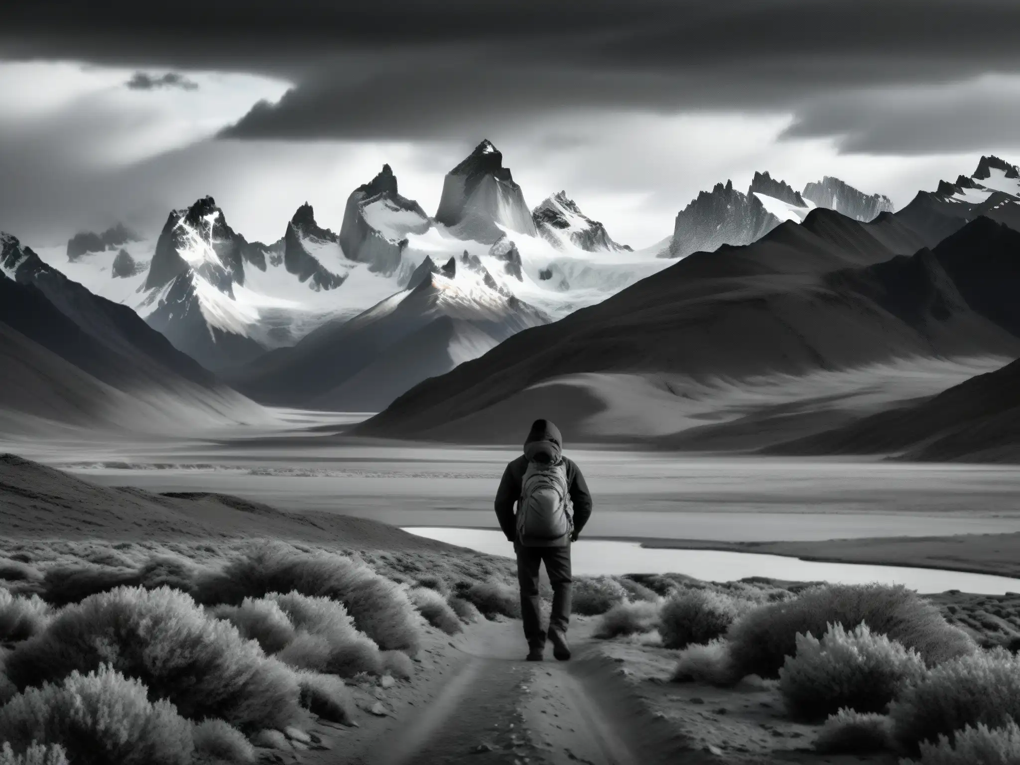 Un explorador lucha contra el viento en la desolada Patagonia