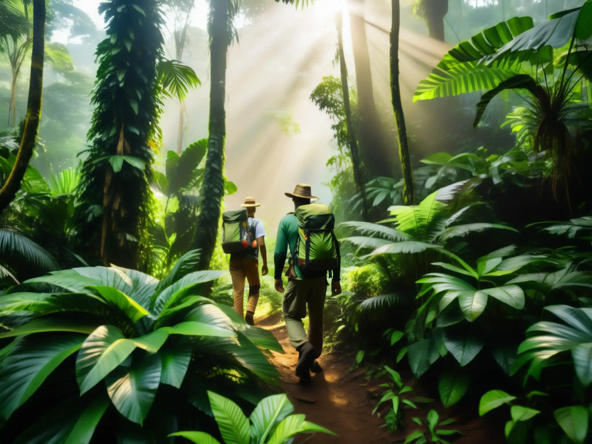 Exploradores en búsqueda de la leyenda del dorado, adentrándose en la densa selva amazónica entre árboles altos y exuberante vegetación
