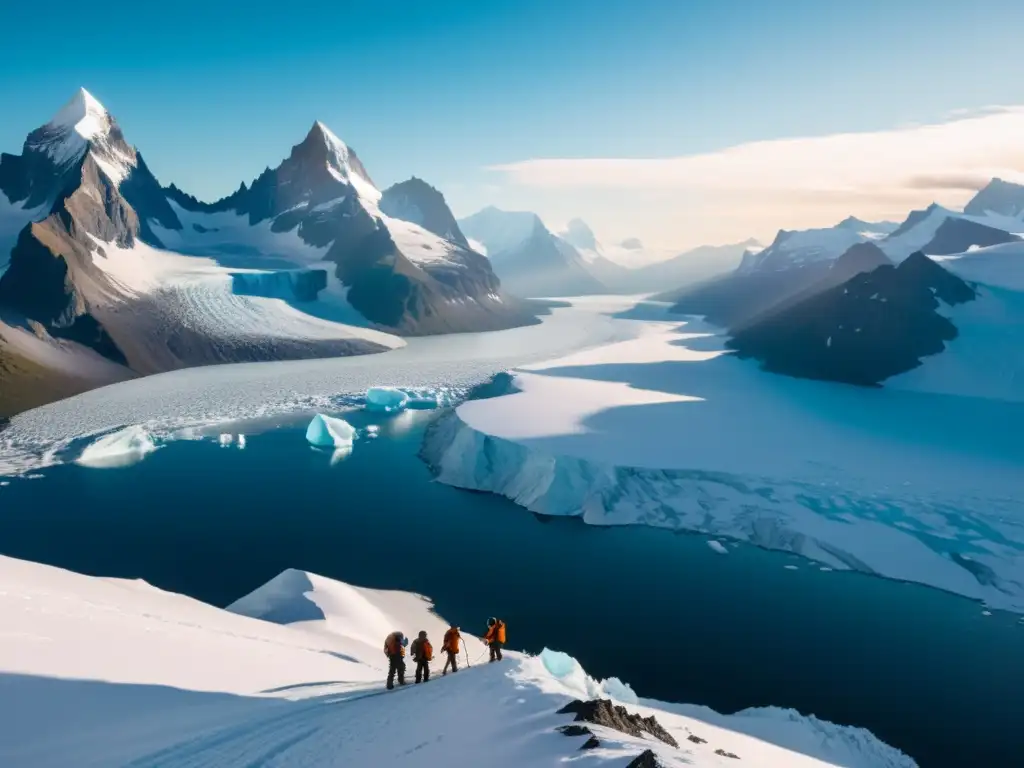 Exploradores en gigantesco paisaje helado de Jotunheim