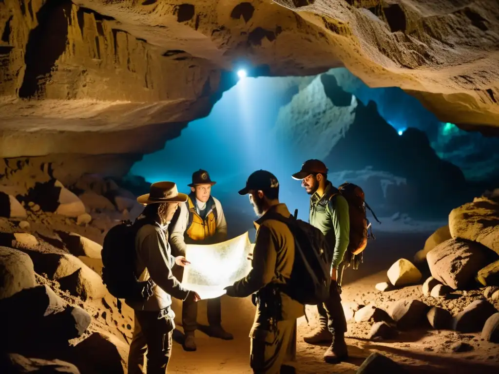 Exploradores con linternas adentrándose en una cueva misteriosa, en busca de riquezas místicas en leyendas urbanas