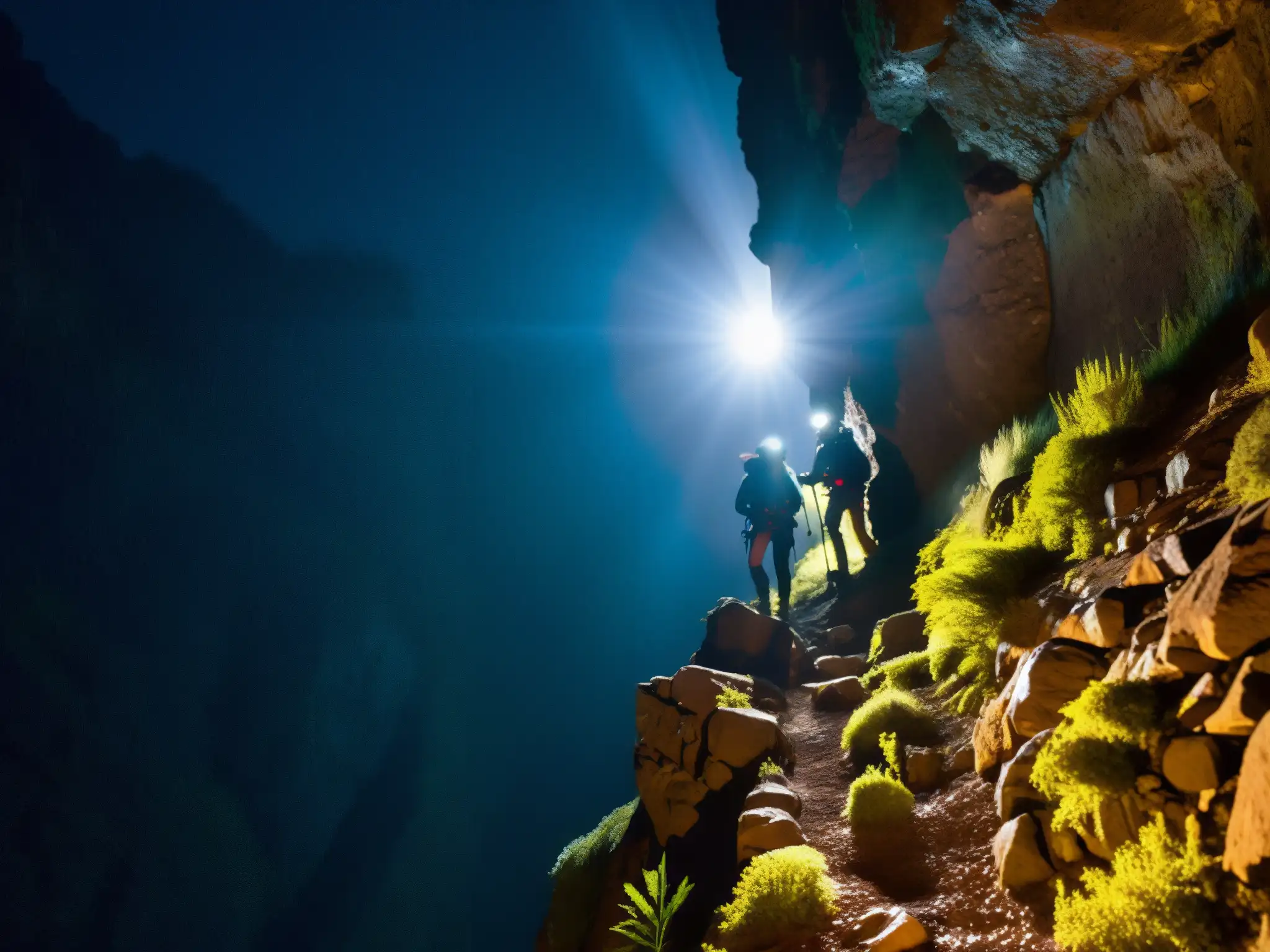 Exploradores con linternas y equipo escalan pasaje estrecho en Cerro de la Bufa Zacatecas, revelando misteriosas cuevas iluminadas