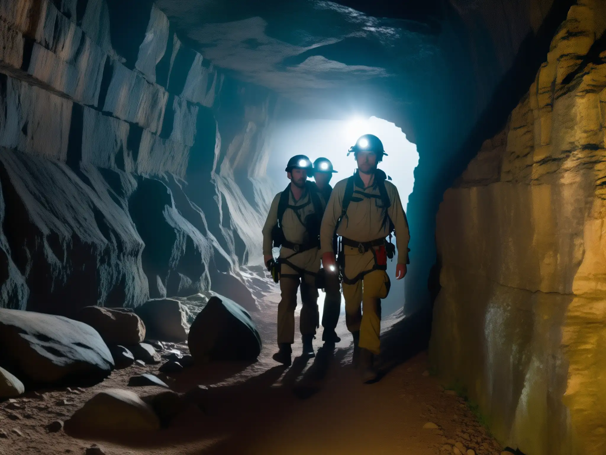 Exploradores con linternas en túnel subterráneo oscuro, transmitiendo inquietud