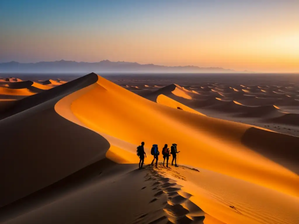 Exploradores urbanos en las dunas del Sahara Occidental al atardecer, descubriendo misterios urbanos