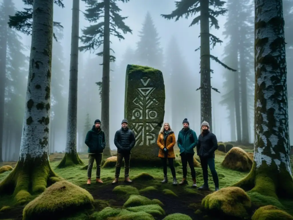 Exploradores urbanos descubren una misteriosa piedra rúnica vikinga en el bosque nórdico al atardecer, iluminando símbolos antiguos con linternas