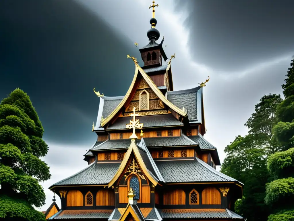 Exterior del Templo maldito Lyngsjö Stave Church, con tallados en madera y detalles arquitectónicos, en dramática iluminación y paisaje natural