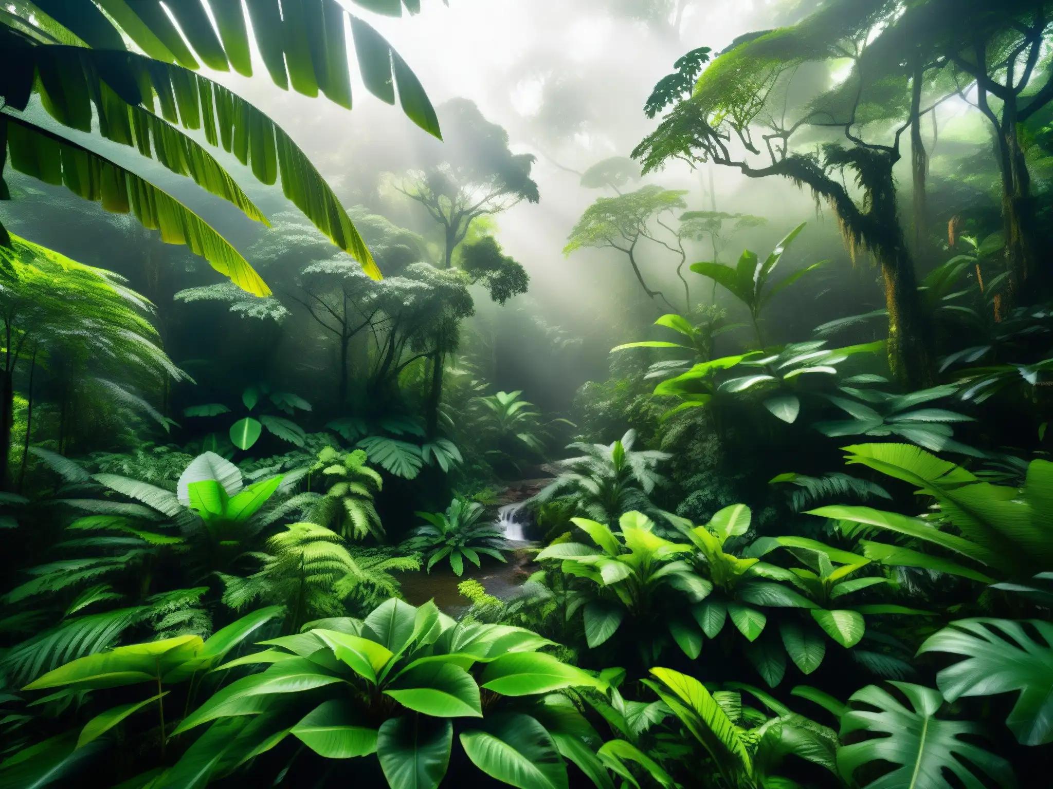 Un exuberante bosque amazónico con árboles imponentes, follaje vibrante y una atmósfera neblinosa