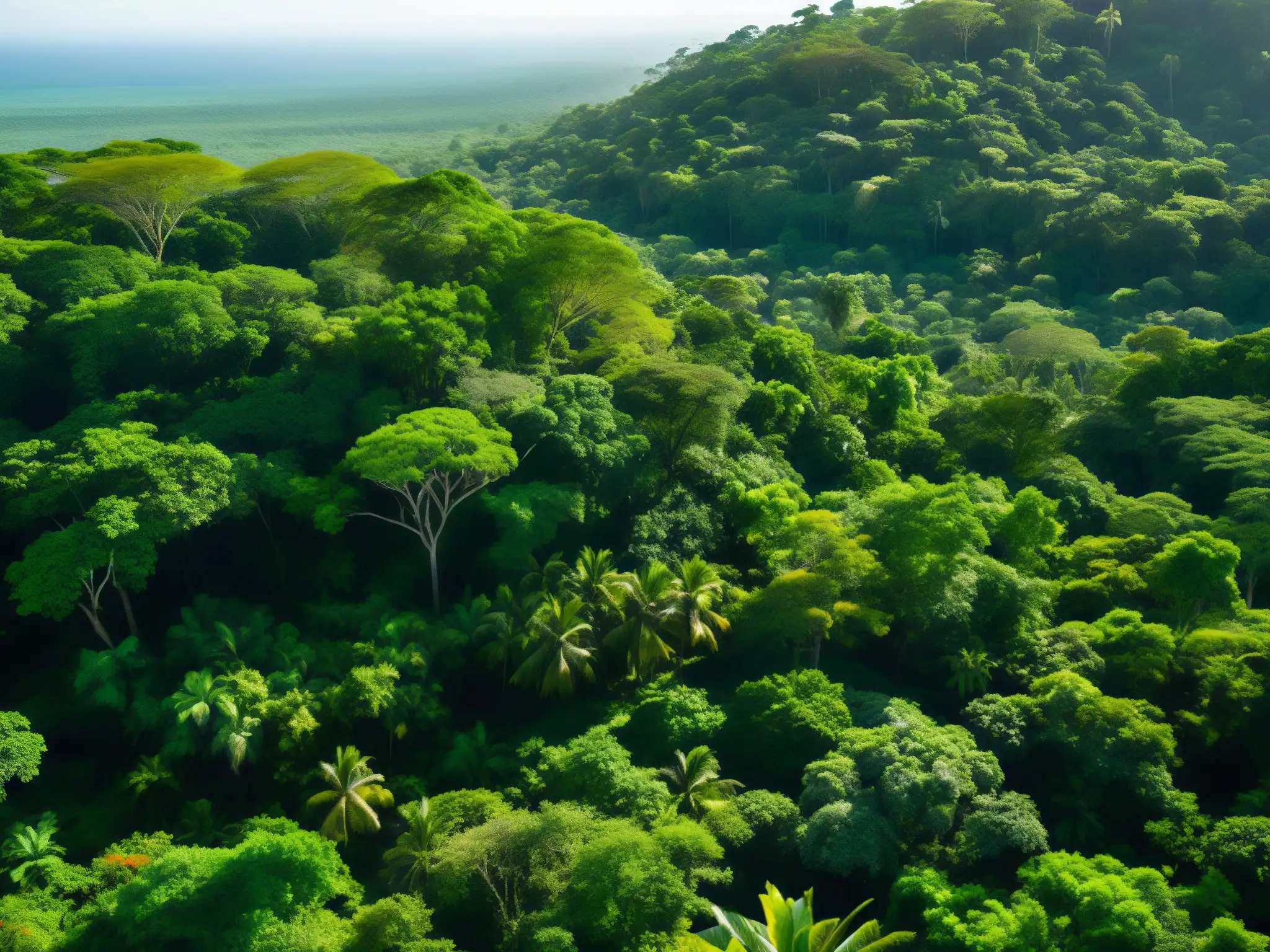 Un exuberante paisaje de la selva en la Península de Yucatán, con luz solar filtrándose entre la frondosa vegetación