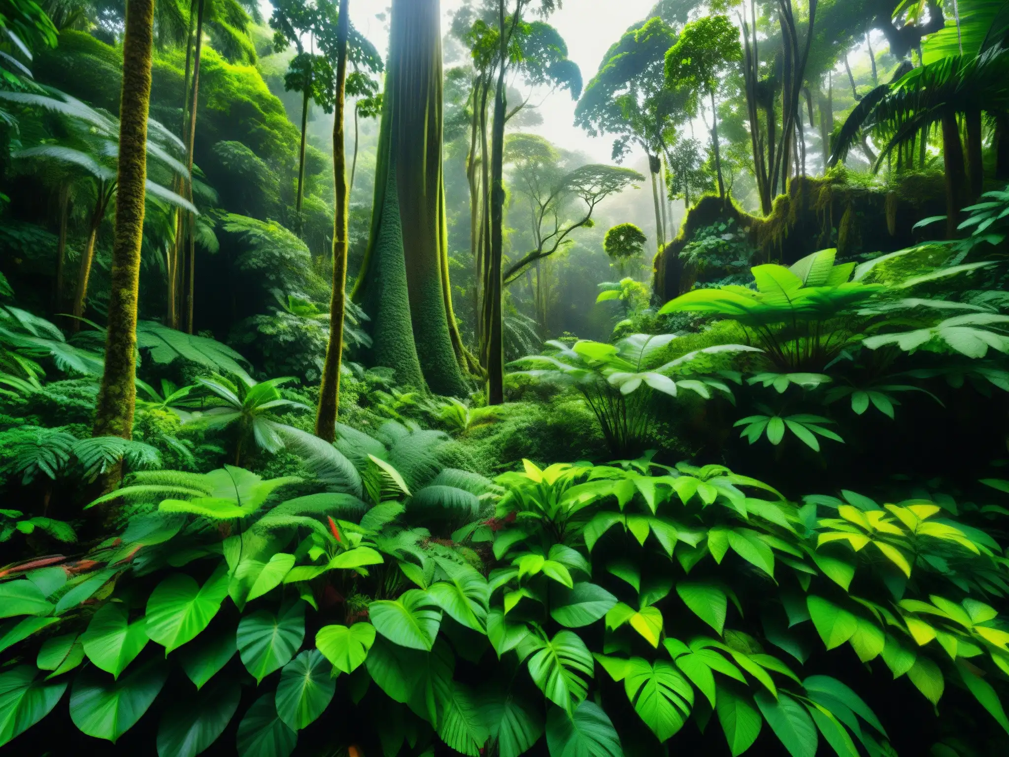 Una exuberante selva tropical en la costa del Pacífico, evocando la leyenda de la Tunda en la costa pacífica con su belleza primordial