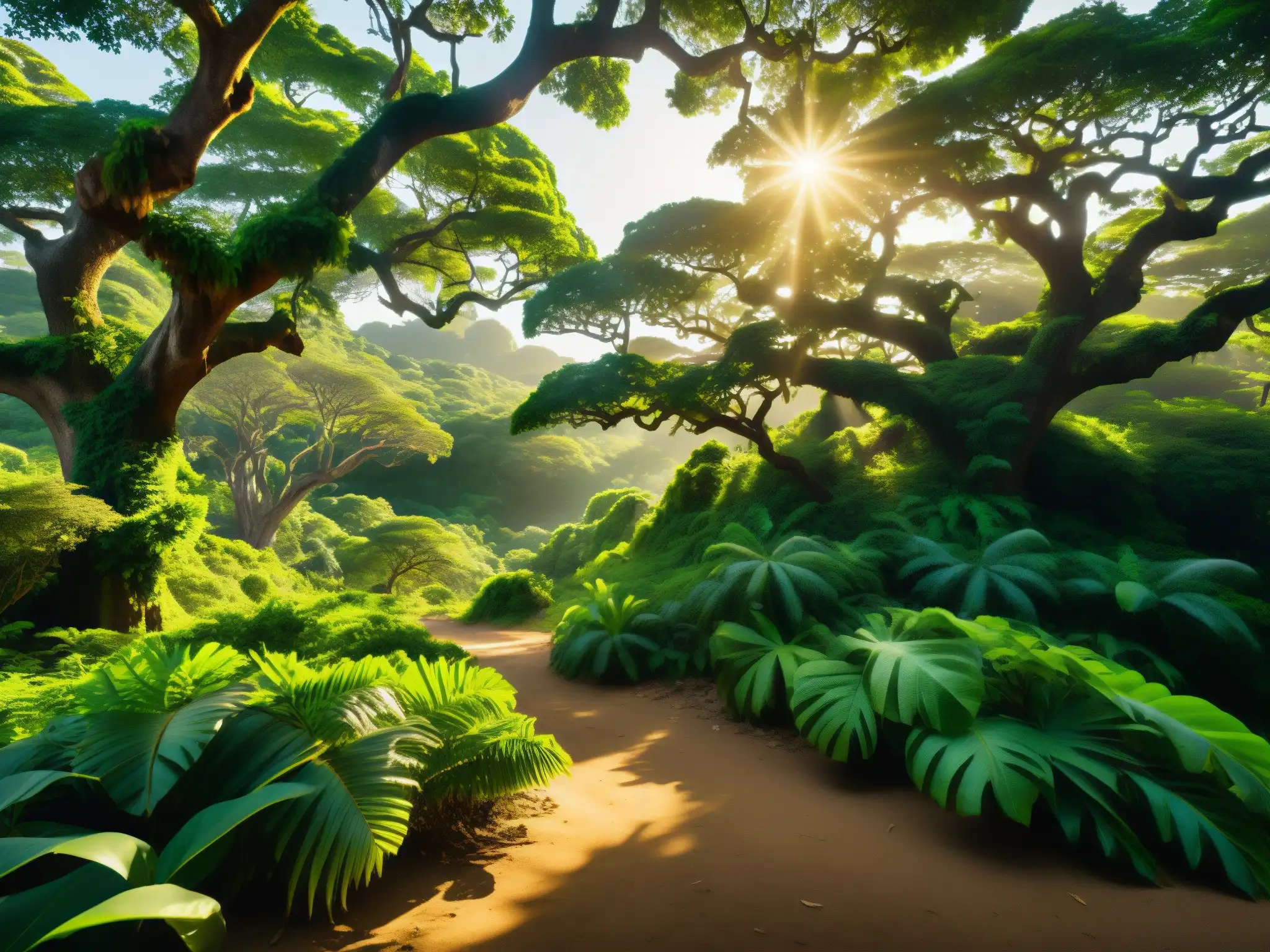 Una exuberante selva tropical en Isla del Roble, con árboles ancestrales, follaje vibrante y luz dorada