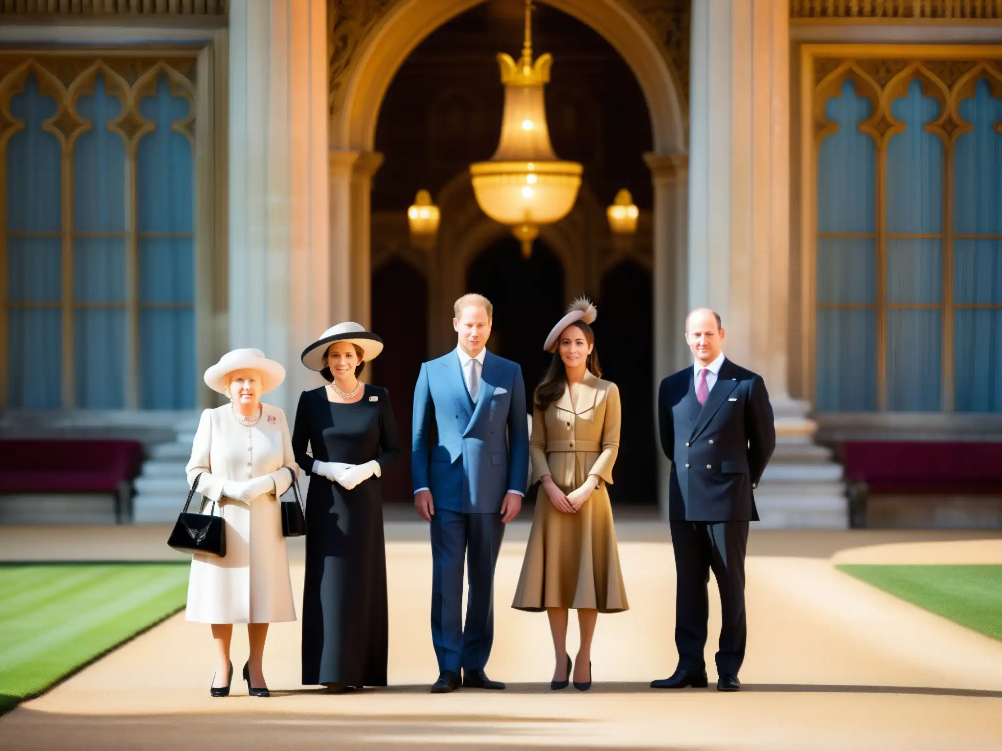 La familia real británica frente a un majestuoso palacio, con expresiones serias y atuendos regios