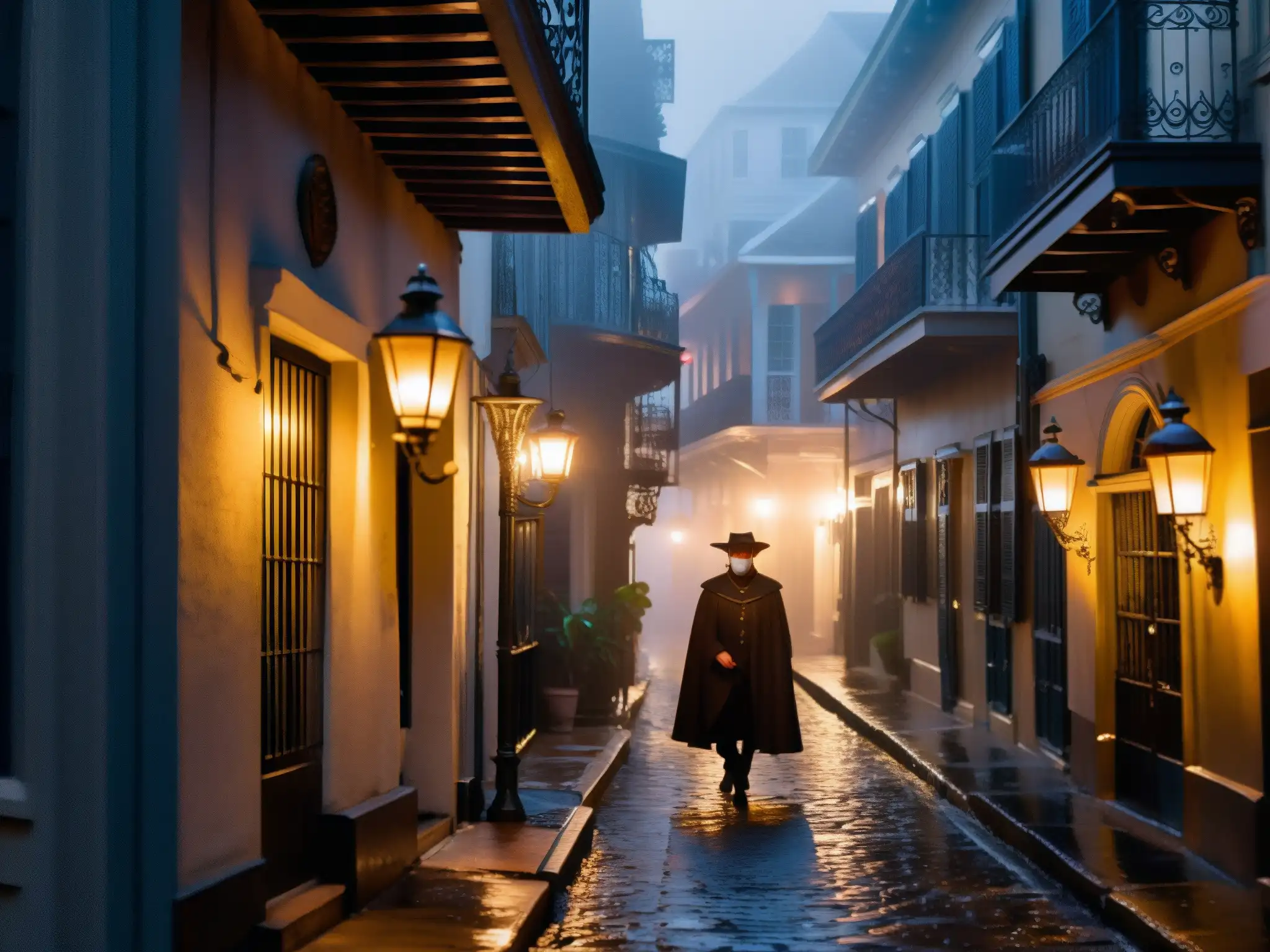 Fantasma de la Ópera Nueva Orleans: Un callejón misterioso en el French Quarter con neblina, balcones de hierro y una figura en la penumbra
