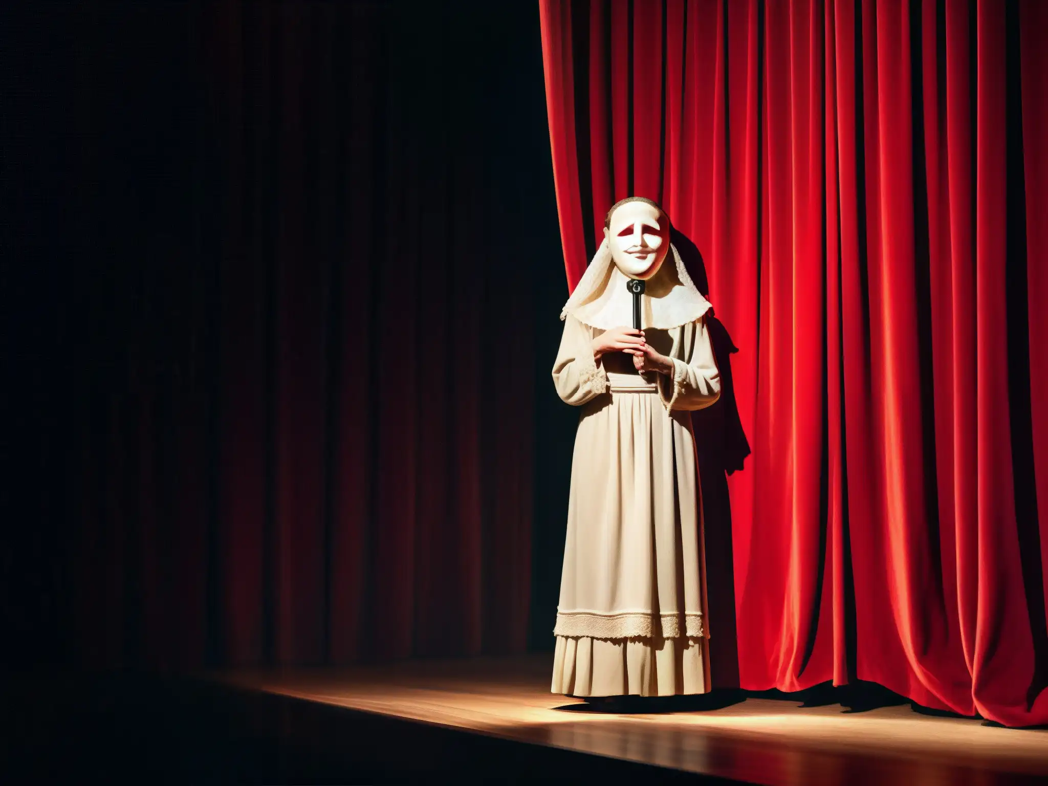 Fantasma teatral en escenario oscuro con cortina roja y máscara de porcelana, evocando atmósfera misteriosa y teatral