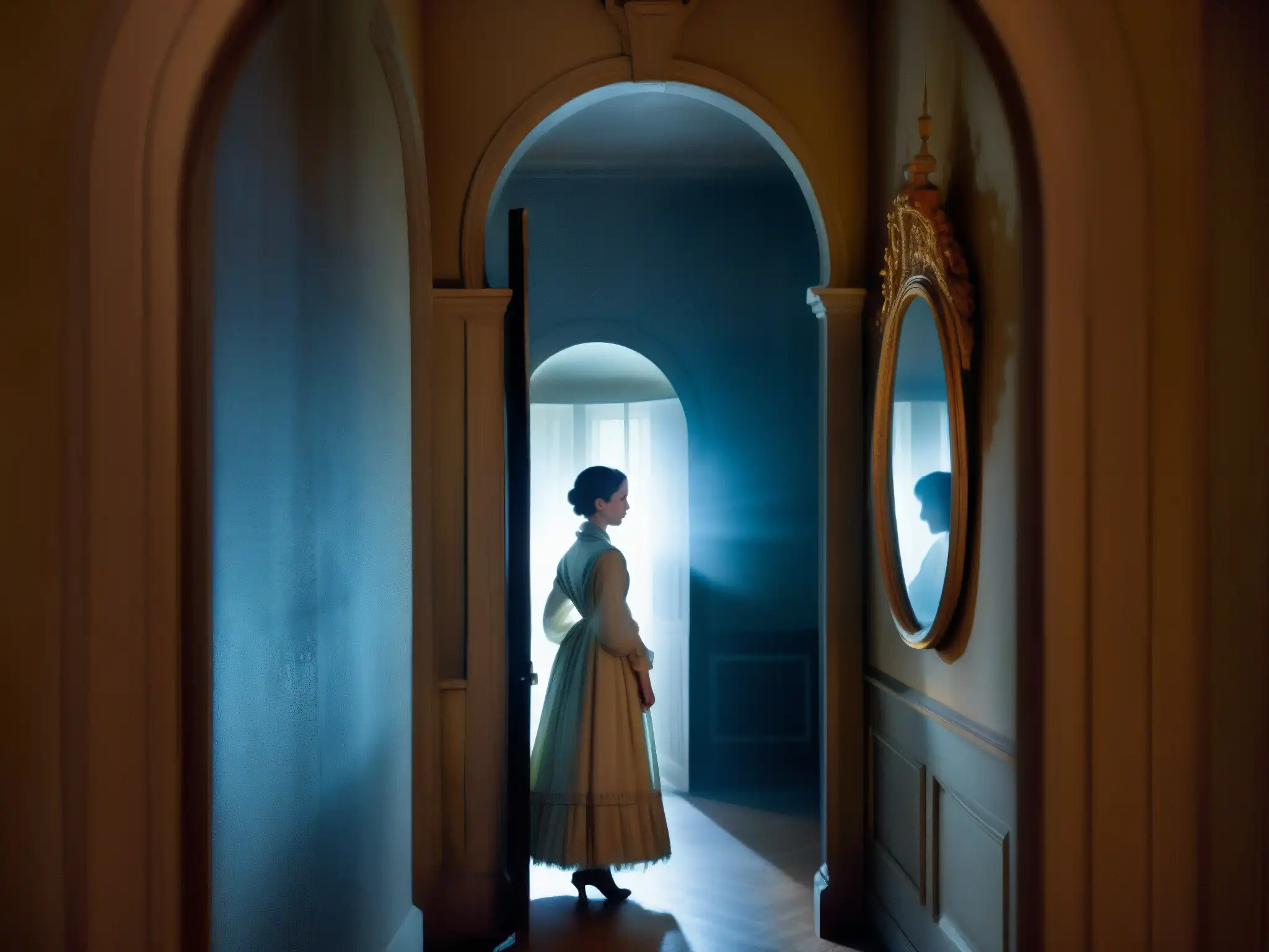 Un fantasma vestido de época flota frente a los espejos en una casa de Quito, creando un aura misteriosa y sobrenatural