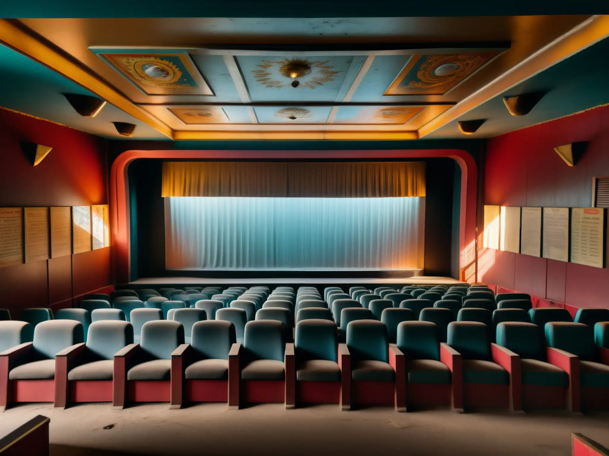 Fantasmagórico cine Bollywood abandonado, con carteles descoloridos y asientos polvorientos, bañado por la luz solar