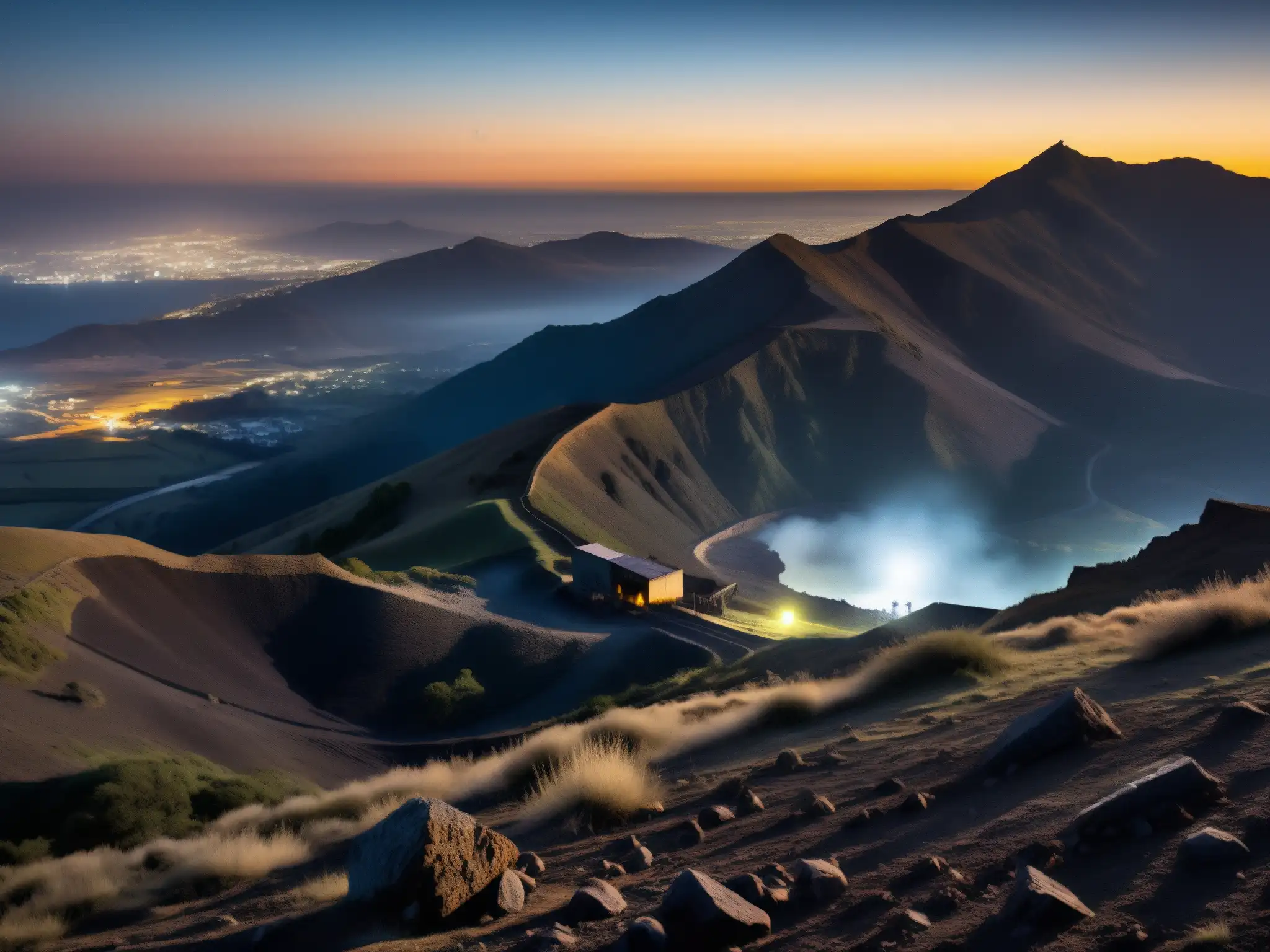 Fantasmal noche de luna en Cerro de la Bufa, con mina abandonada y figura misteriosa, evocando la atmósfera de leyenda