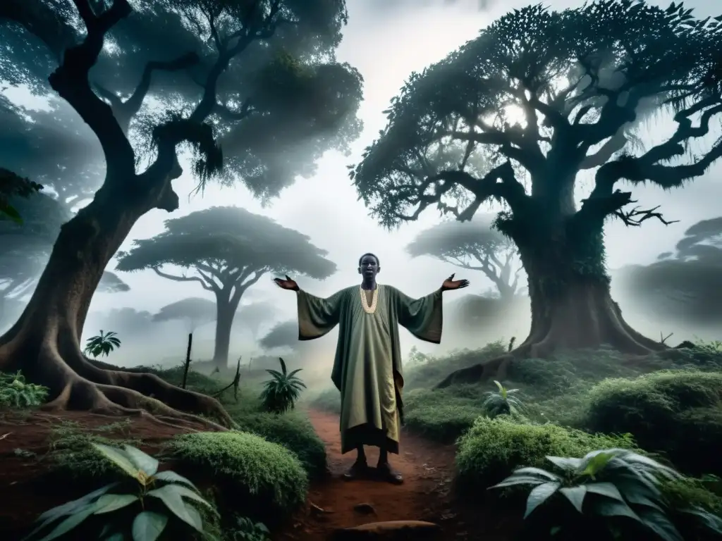 Espíritus y fantasmas en Ruanda: Un bosque brumoso y misterioso, con árboles retorcidos y una figura fantasmal que parece llamar al espectador