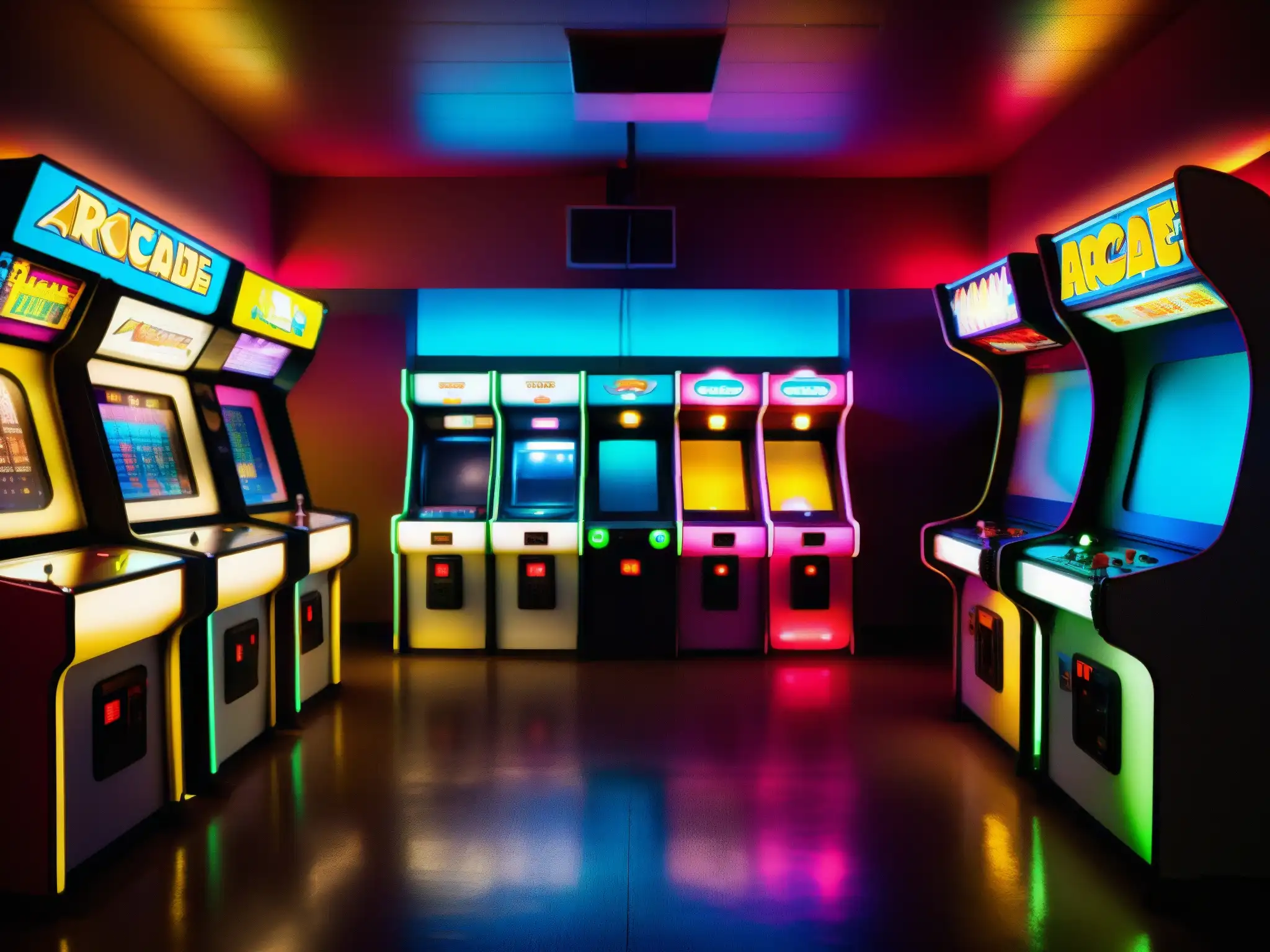 Un fascinante arcade de los años 80, con misteriosas máquinas brillantes y un ambiente nostálgico