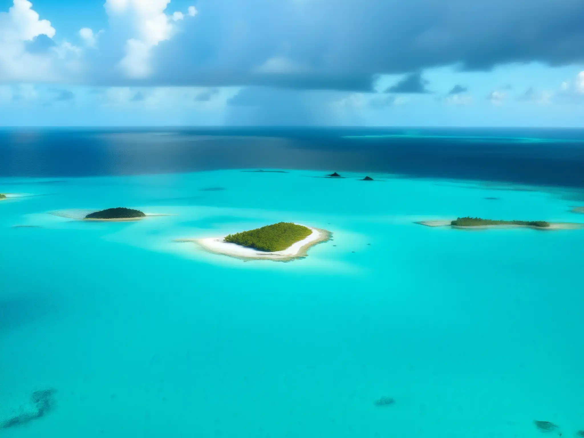 Fenómeno natural Triángulo de las Bermudas: vista aérea con aguas turquesas y nubes ominosas, evocando su belleza y misterio