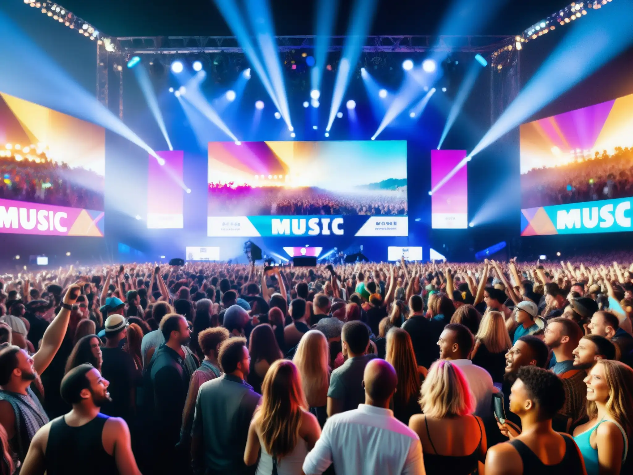 Un festival de música vibrante y lleno de energía, con fans entusiastas disfrutando de un concierto en vivo