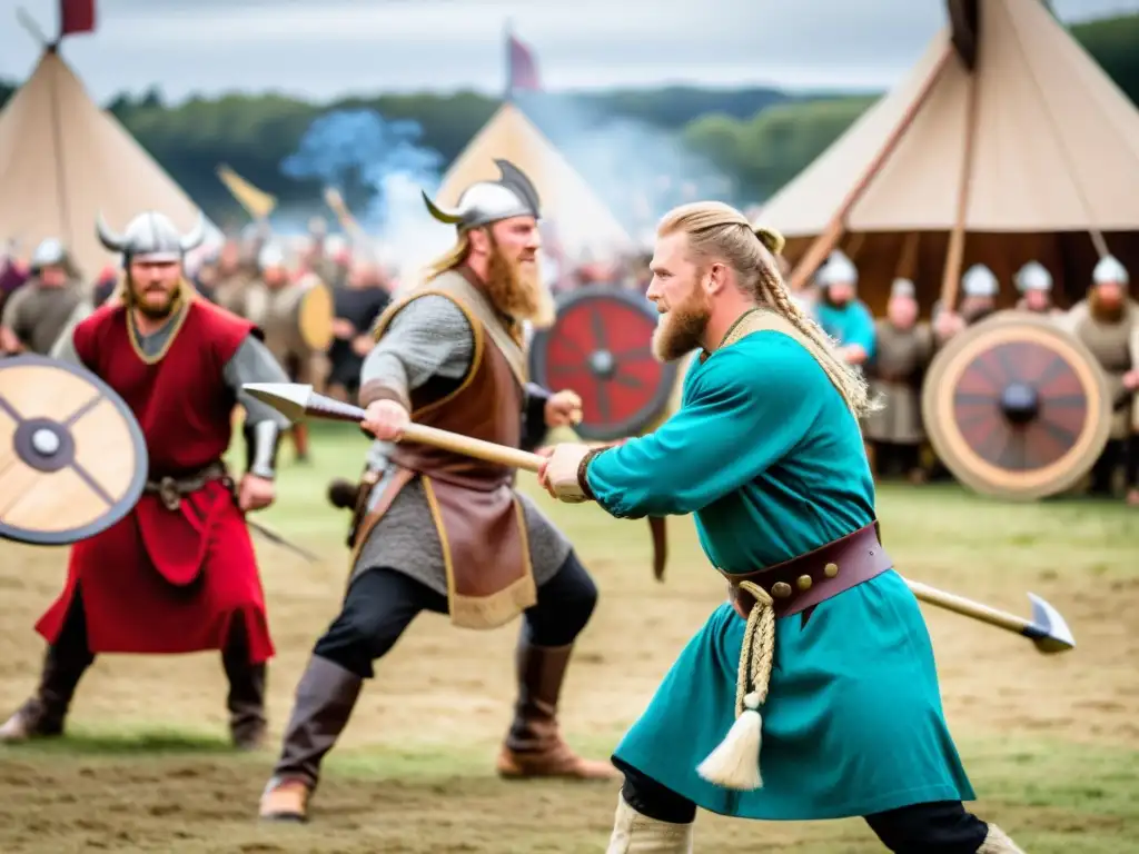 Un festival de recreación vikinga moderna, con participantes vestidos con trajes vikingos precisos y realizando actividades tradicionales