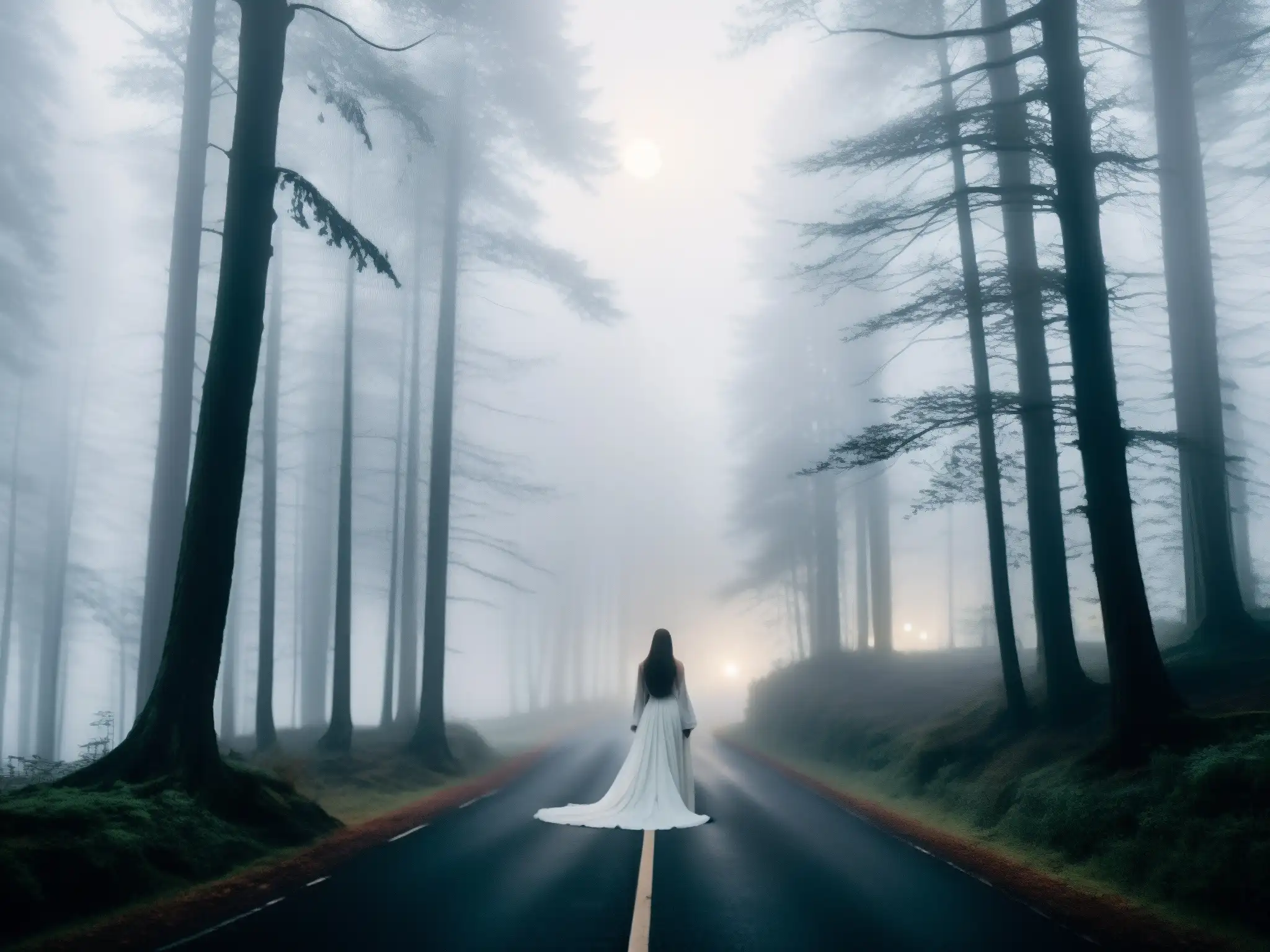 Una figura en blanco, entre la niebla de un denso bosque, evoca la leyenda de la mujer de blanco en Corea