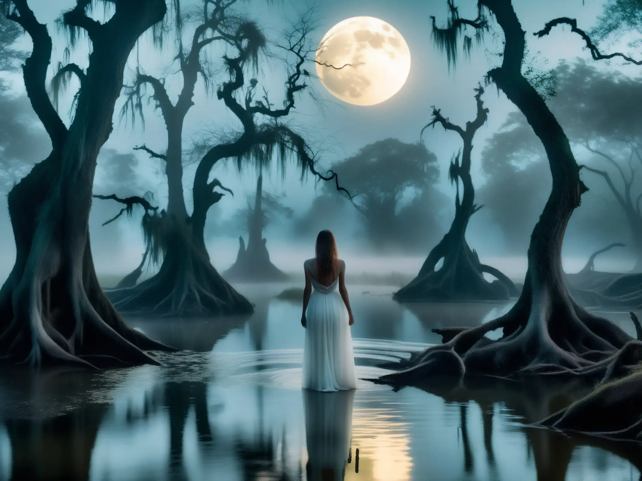 Una figura espectral llorando en un pantano iluminado por la luna