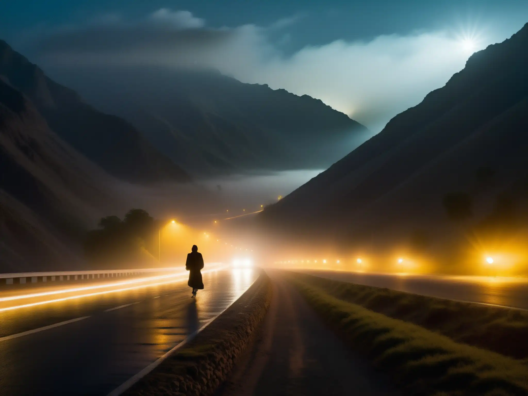 Una figura fantasmal se eleva sobre la carretera en Pakistán, rodeada de misteriosa niebla