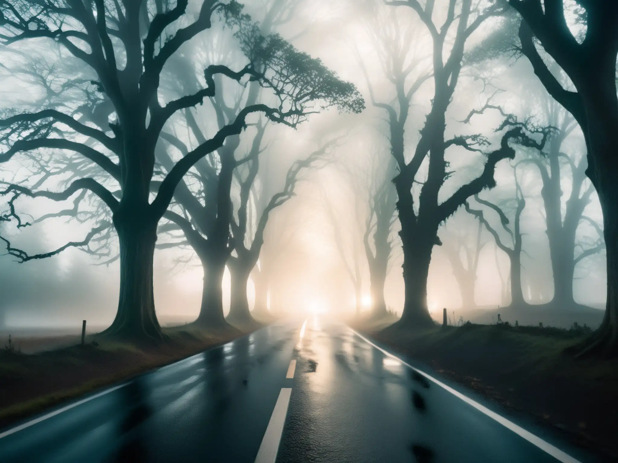 Una figura fantasmal en la neblina de la Carretera de Thane, rodeada de un resplandor misterioso entre árboles tenebrosos
