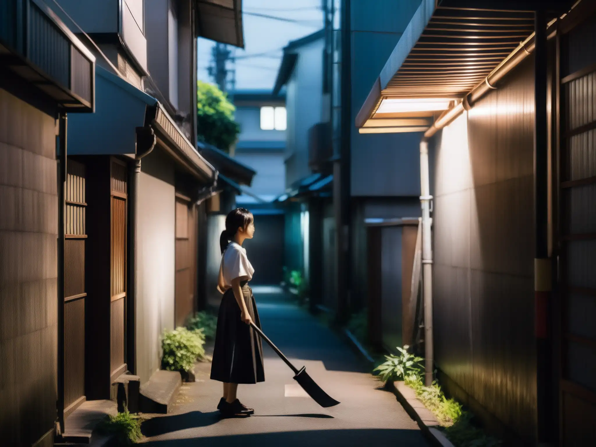 Una figura femenina con una guadaña metálica en un callejón urbano japonés, evocando la inquietante leyenda urbana de TekeTeke