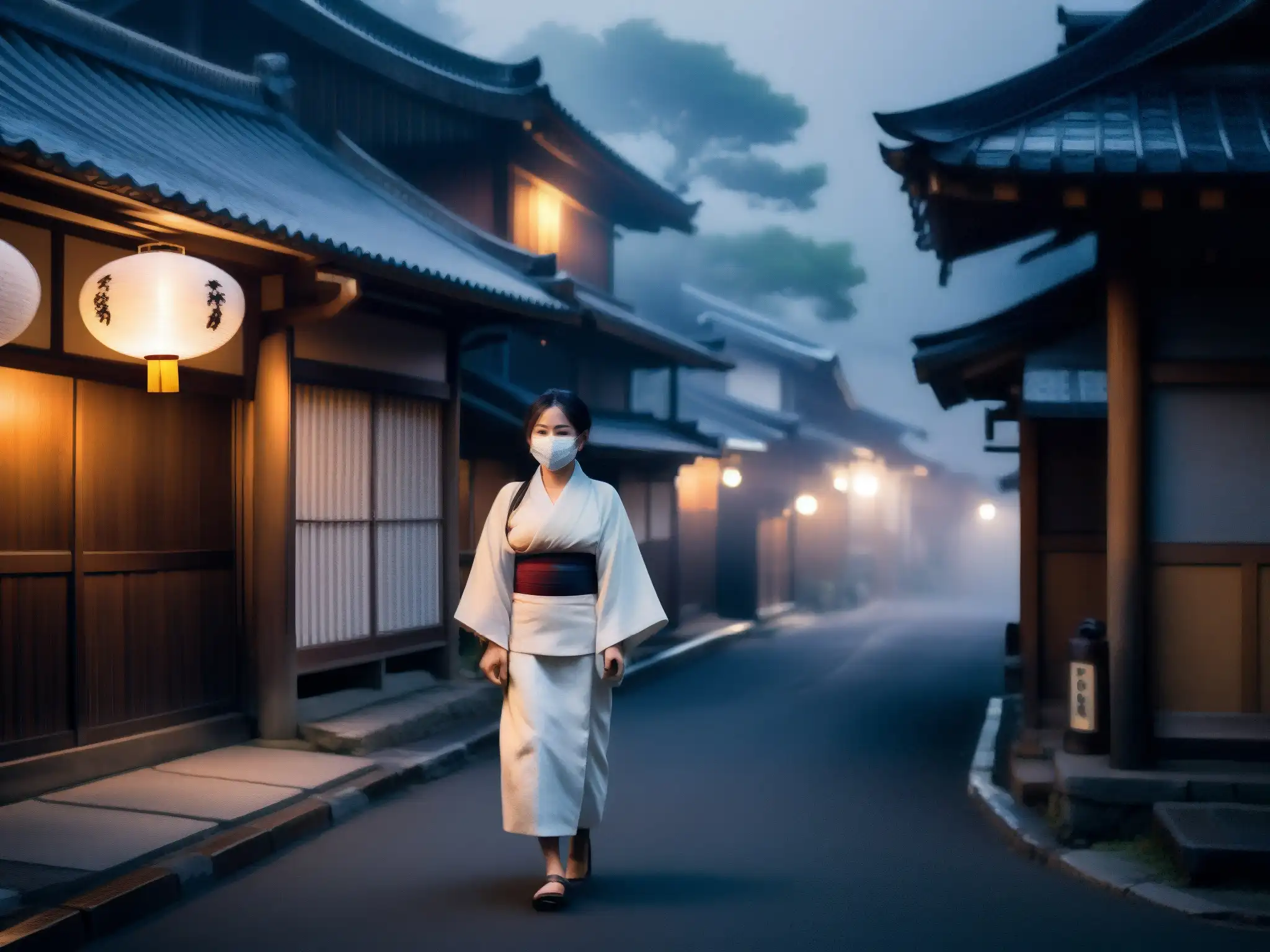 Una figura en kimono blanco y máscara quirúrgica en un pueblo japonés