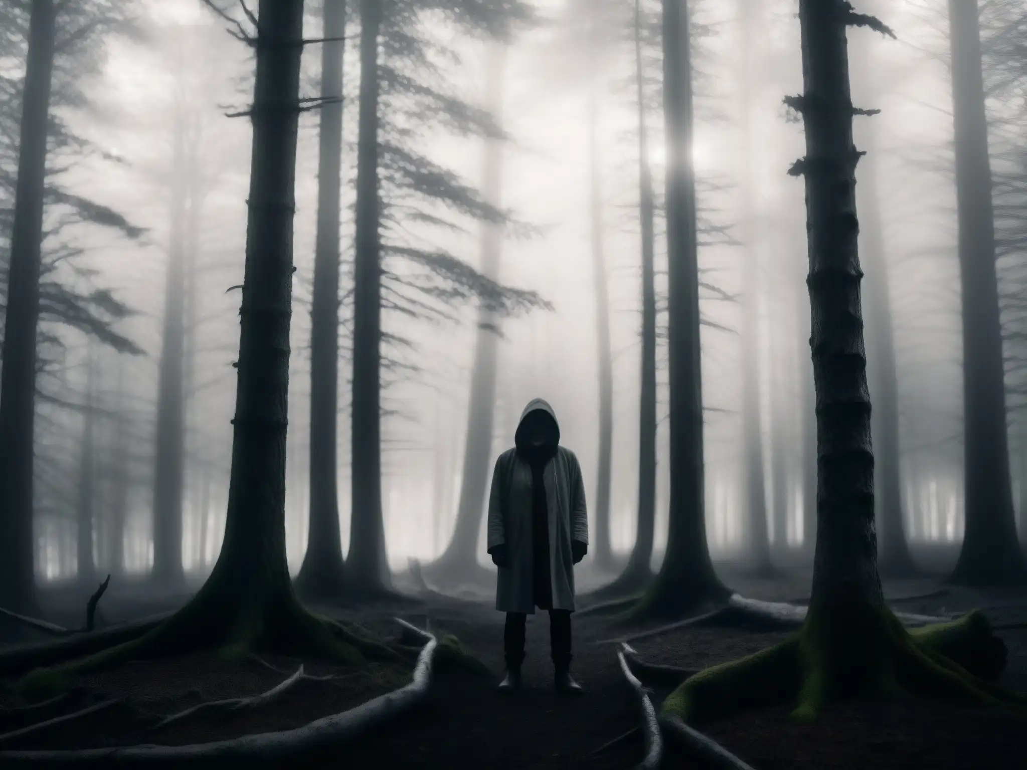 Figura misteriosa en el bosque con niebla, impacto psicológico fenómeno creepypasta