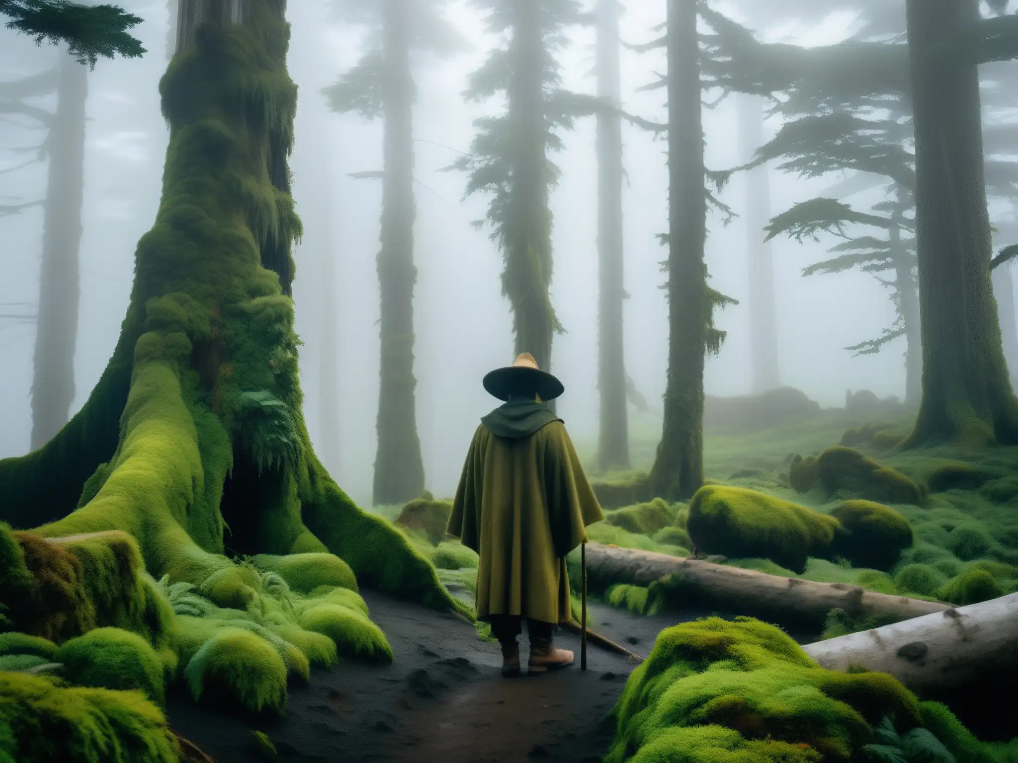 Figura misteriosa en el bosque neblinoso de Chiloé, evocando al seductor mito de El Trauco