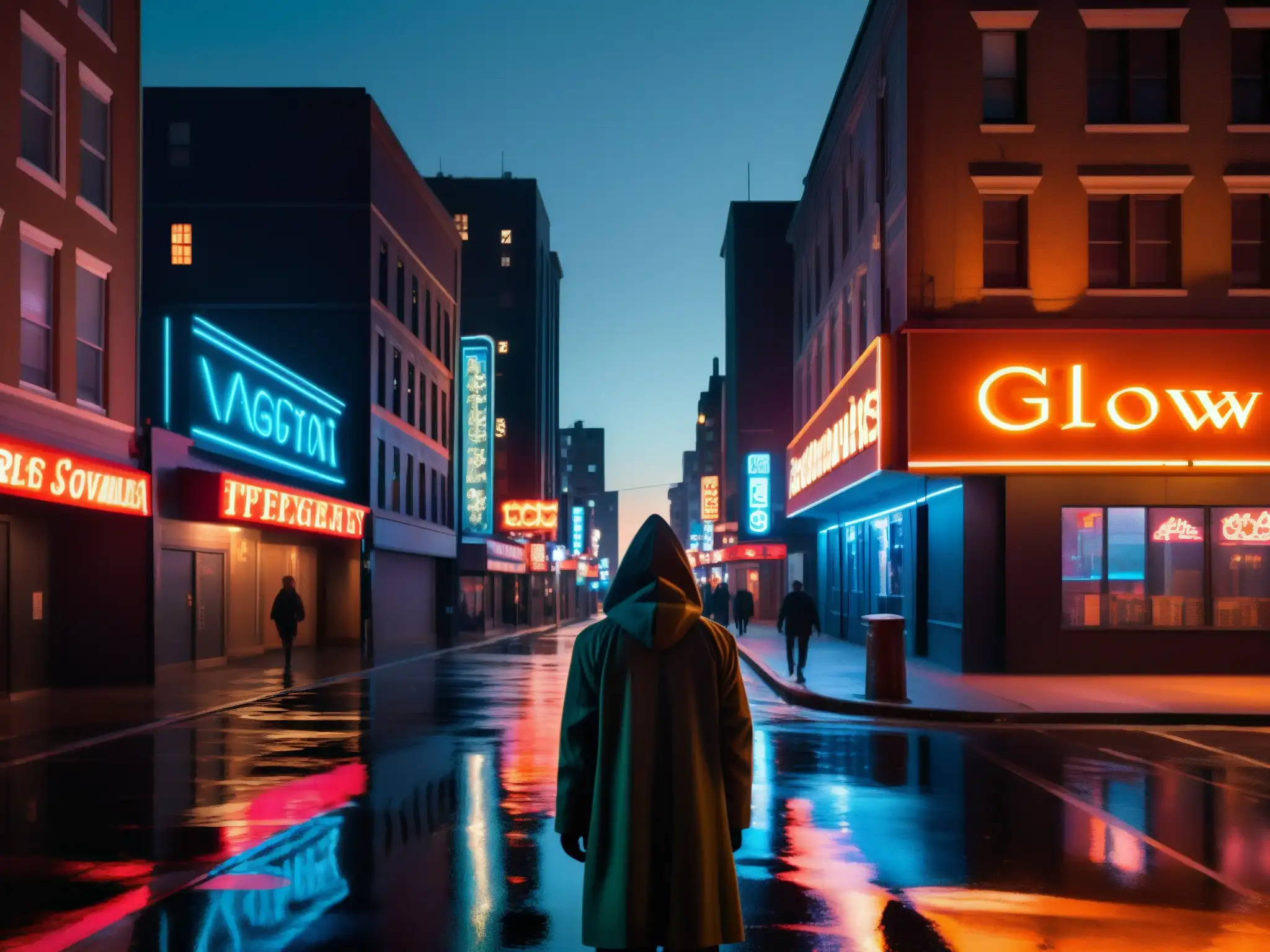 Figura misteriosa camina por calle nocturna, entre edificios altos y sombras, evocando fenómeno leyendas urbanas digitales
