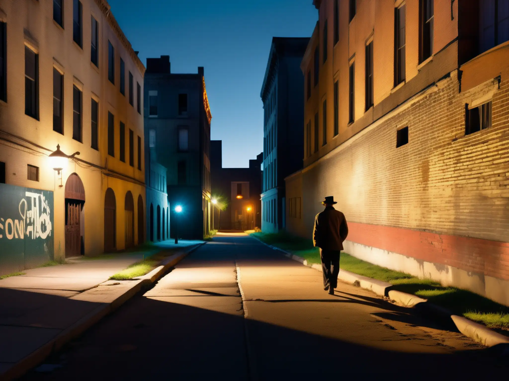 Figura misteriosa camina por calle urbana desierta de noche, entre edificios abandonados y graffiti