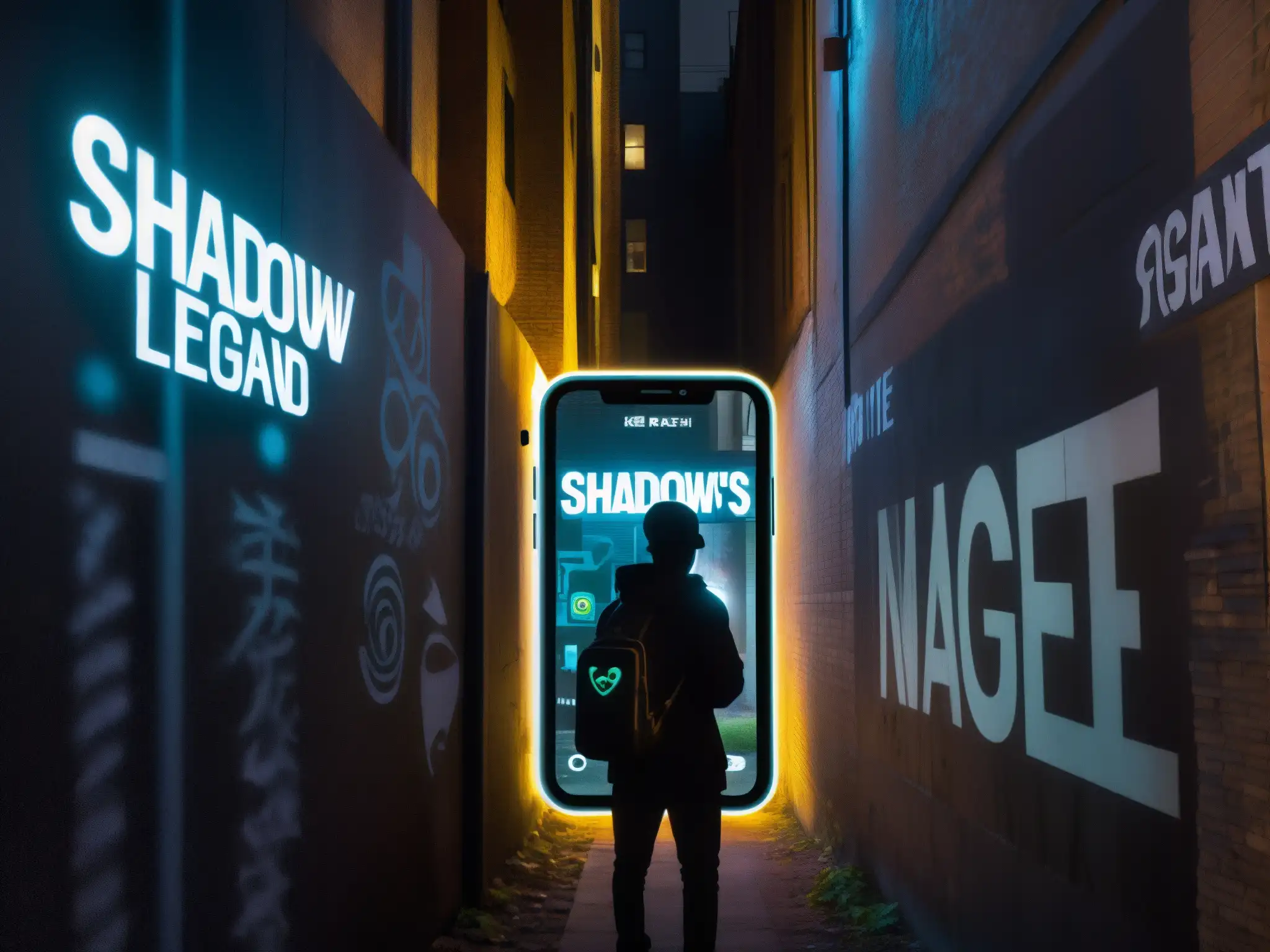 Figura misteriosa en callejón graffiteado con app de leyendas urbanas en móvil brillante