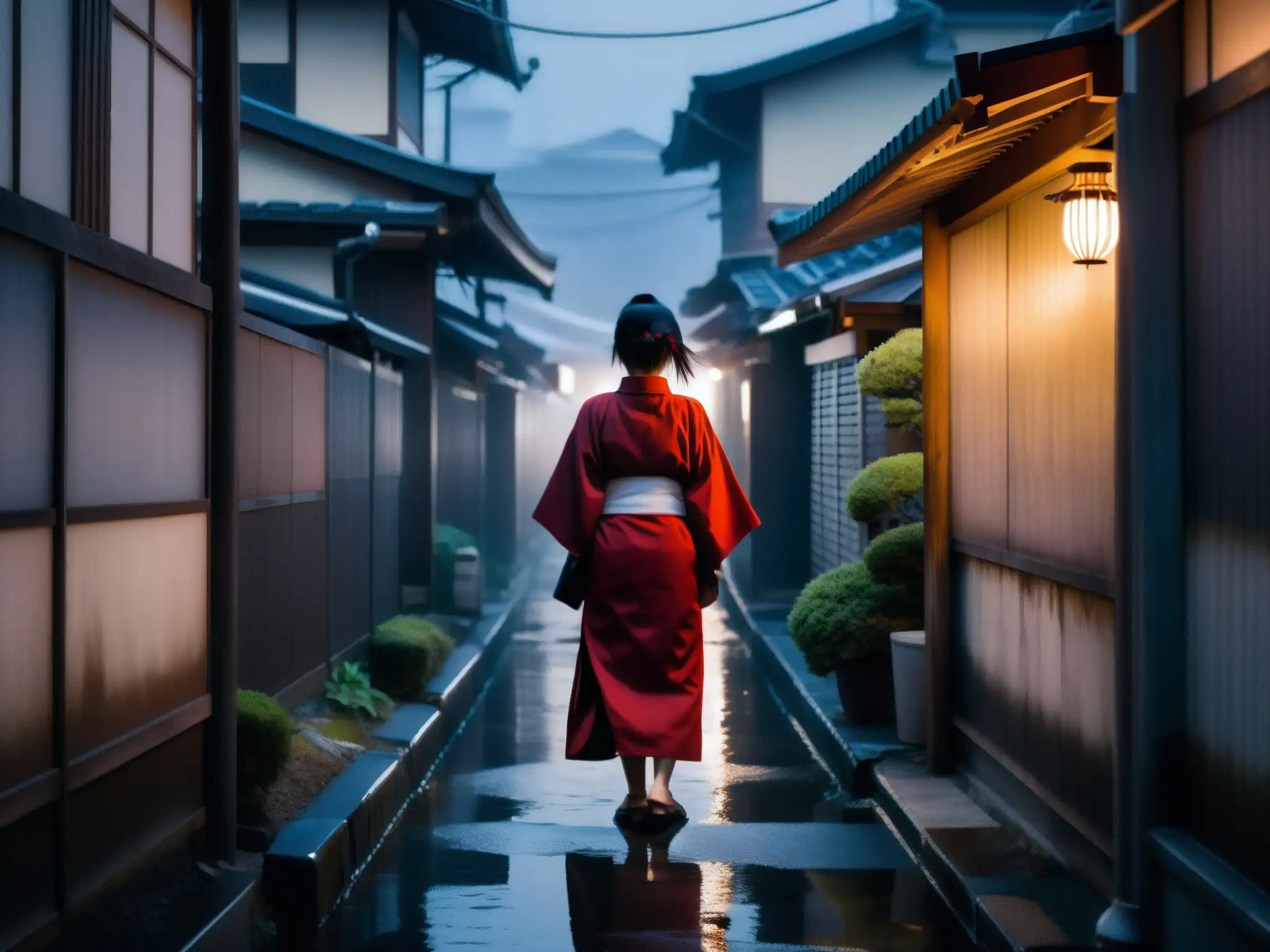Figura misteriosa en un callejón japonés, envuelta en un kimono sangriento
