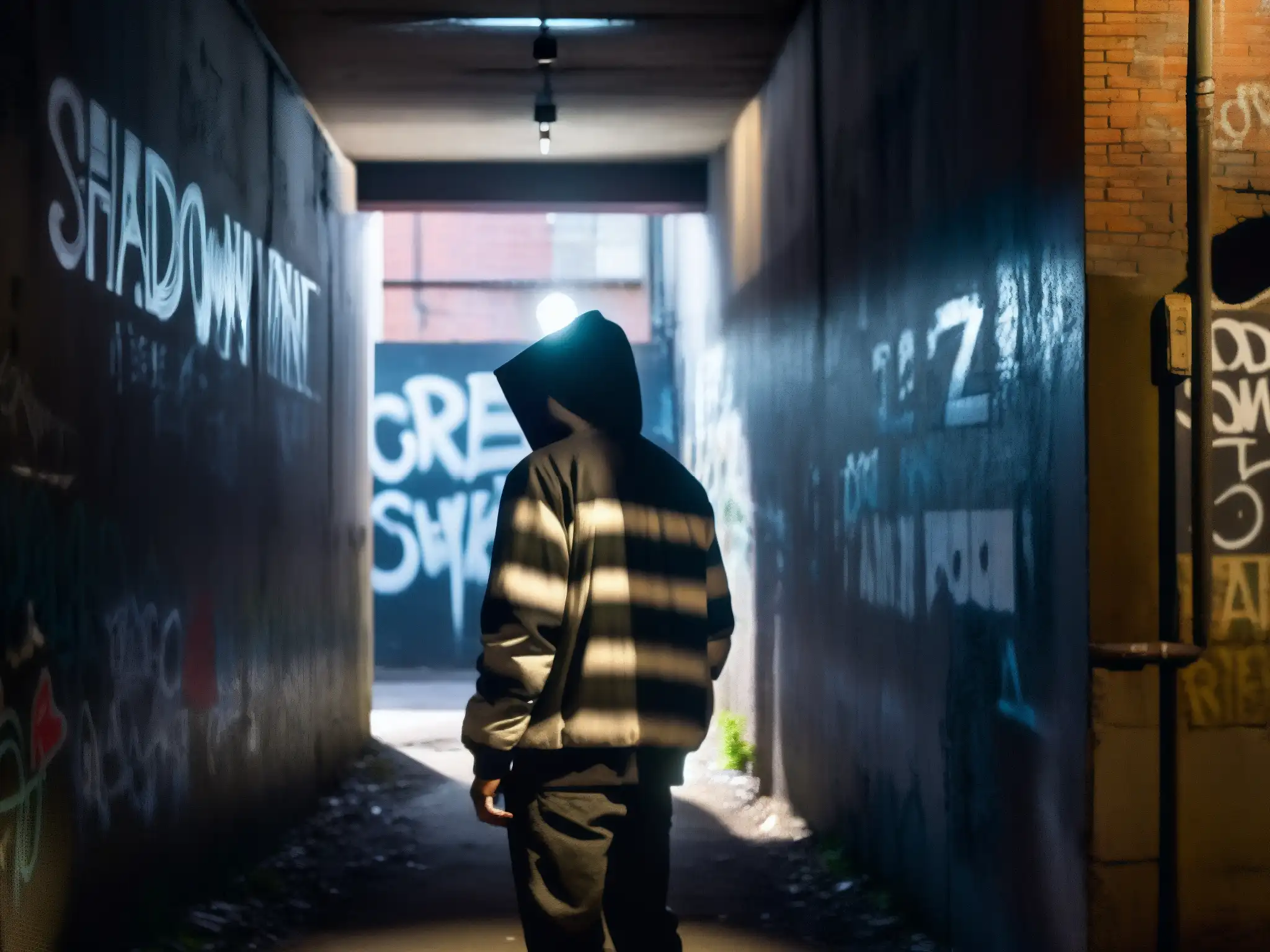 Figura misteriosa en callejón oscuro con grafitis